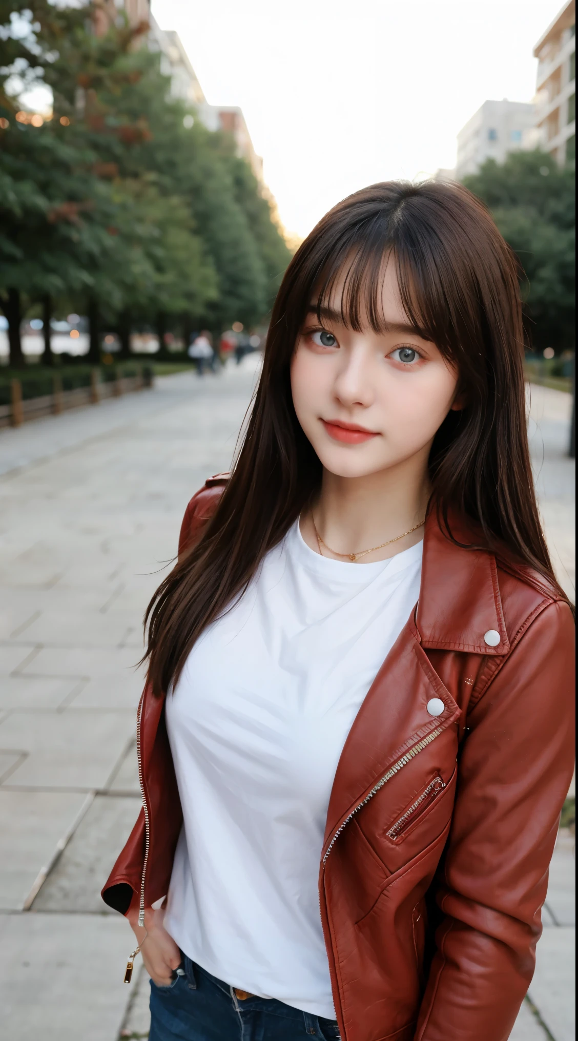 Gorgeus Girl, Beautiful, Baby Face, 20 Years Old, White Skin, Beside, Sexy Pose, long red t-shirt, Blue Eye, Bokeh, park Background, Masterpiece, asking for a hug, full body Shot, open arms, Leather Jacket Long Sleeve Zipper