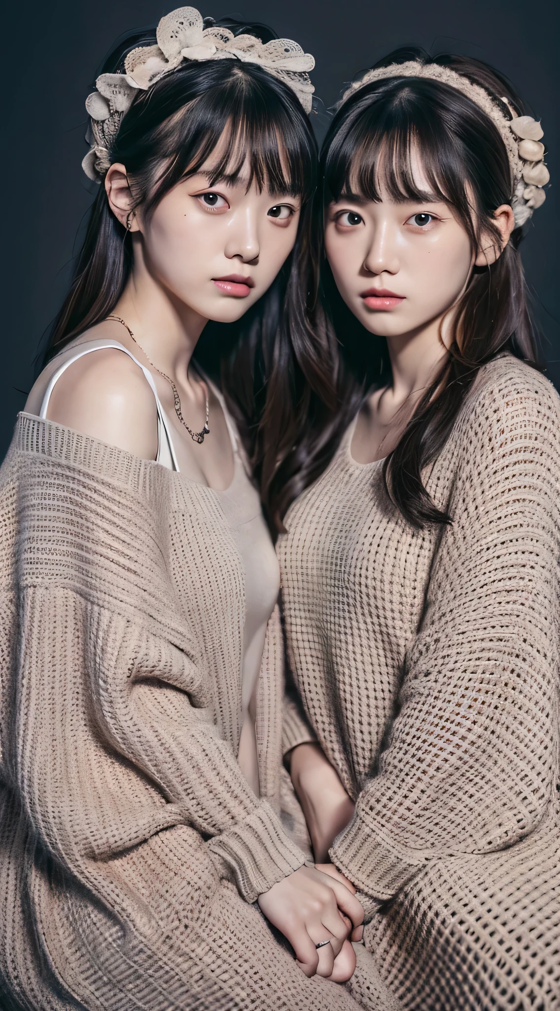 Identical twin sisters taking a selfie, 16 years old, bangs, finely detailed skin、 extremely detailed eyes and face、 moody、(8k, RAW photo, best quality, masterpiece:1.2), (realistic, photo-realistic:1.4), (extremely detailed 8k wallpaper),