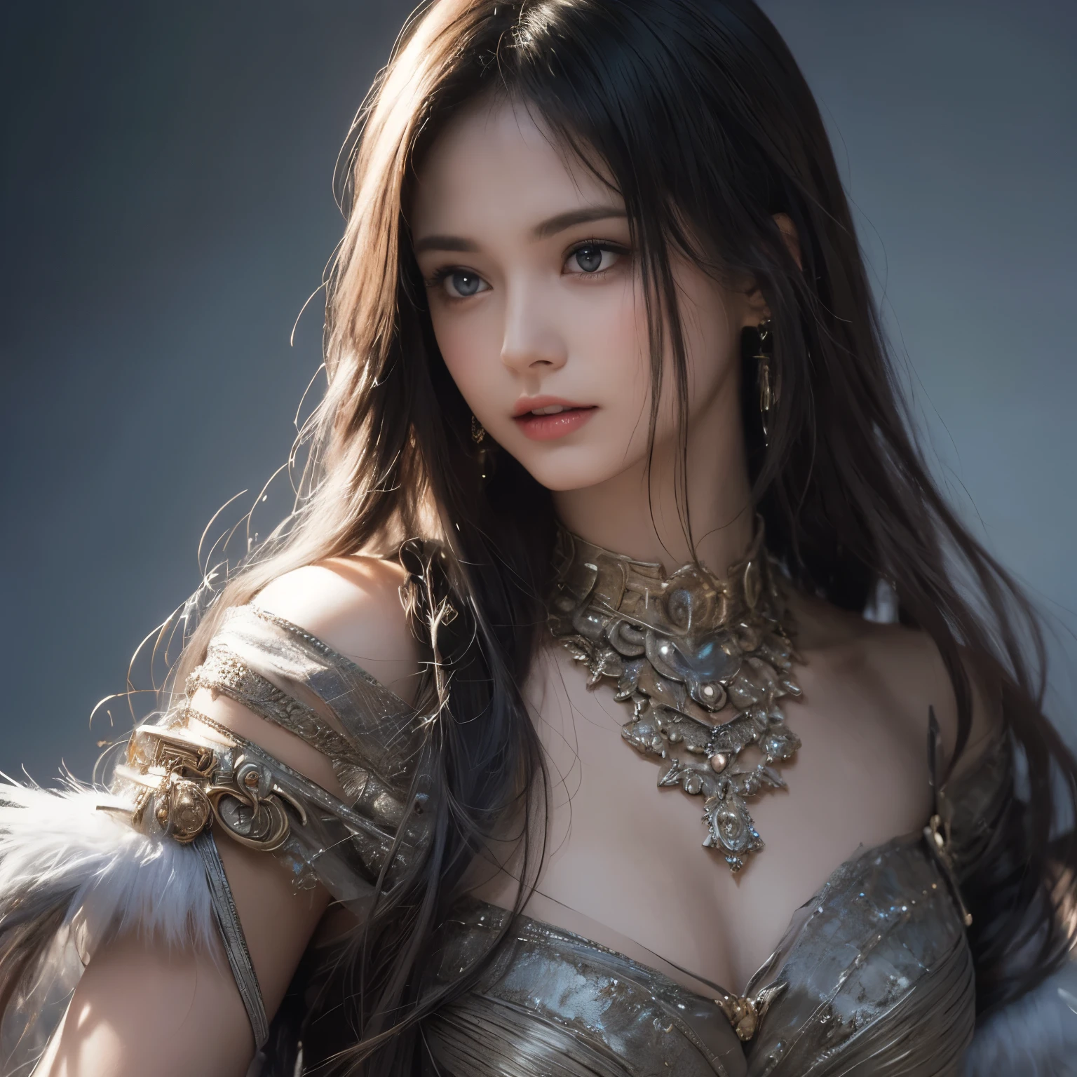 A stunning masterpiece by Luis Royo, featuring a top-quality and realistic portrayal of a beautiful girl with shiny, natural skin texture. This surreal portrait captures the essence of youth and beauty, with intricate details on the girl's two arms and two legs.