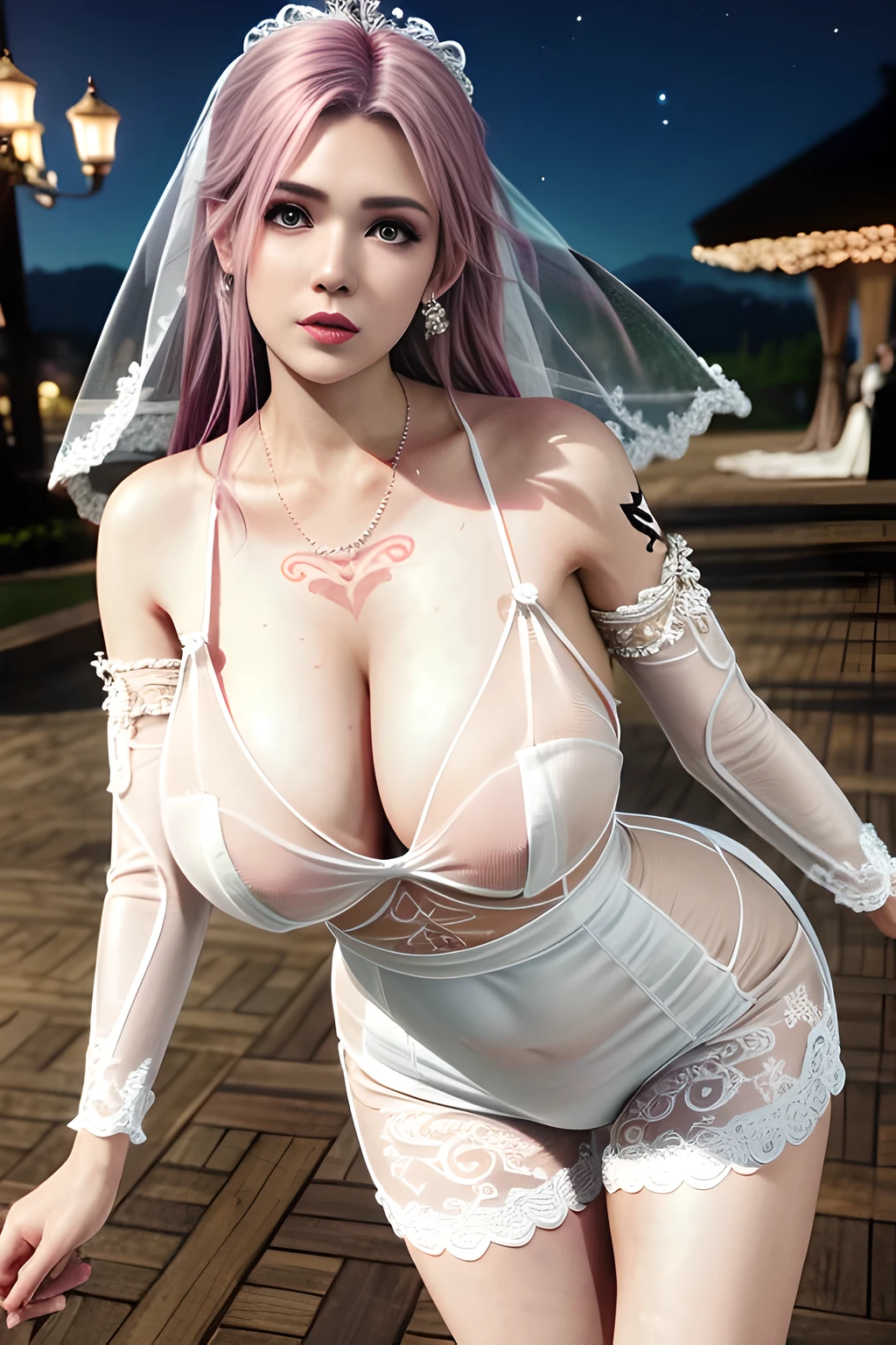 1 girl,lean over WINK,((  Wedding Dress, see-through)), outdoor,elegant,nighttime,moonlighe,shiny skin,( huge breasts:1.1), lip gloss,( tattoos:1.3), masterpiece, best quality, realistic ,Surrealism,natural colors art in 8k,soft shadows,Portrait art,solo,  elise,