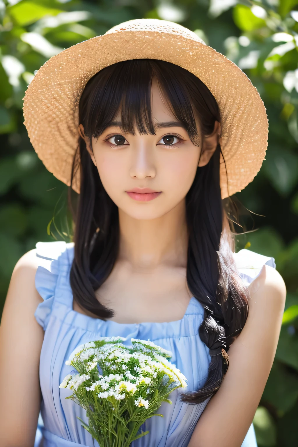 masterpiece, best quality, 1girl, nogizaka_costume, cowboy shot, thighs, beautiful girl, flowers, many small petals, garden, blue sky, looking at viewer, small waist, official art, raw photo, incredibly absurdres, facelight, dynamic lighting, cinematic lighting, ultra realistic, highres, photography, sharp focus, highest detailed, extreme detailed, ultra detailed, finely detail, extremely detailed eyes and face