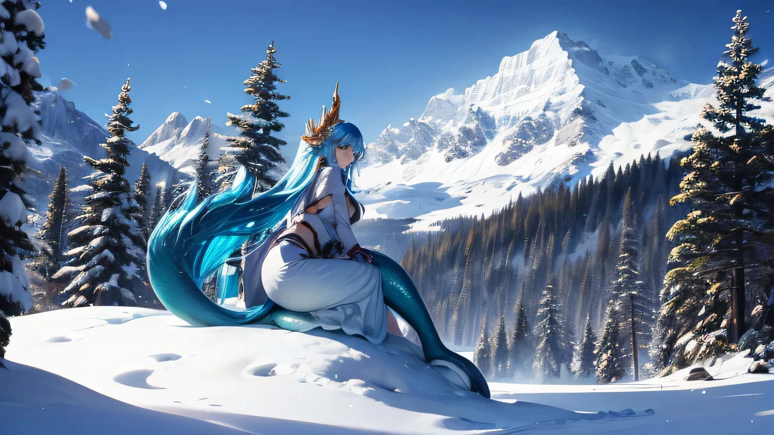 landscape, forest, snow mountain, mermaid, a creature, cute, beautiful, fantasy, white background, with a snowy mountain, with a shrine