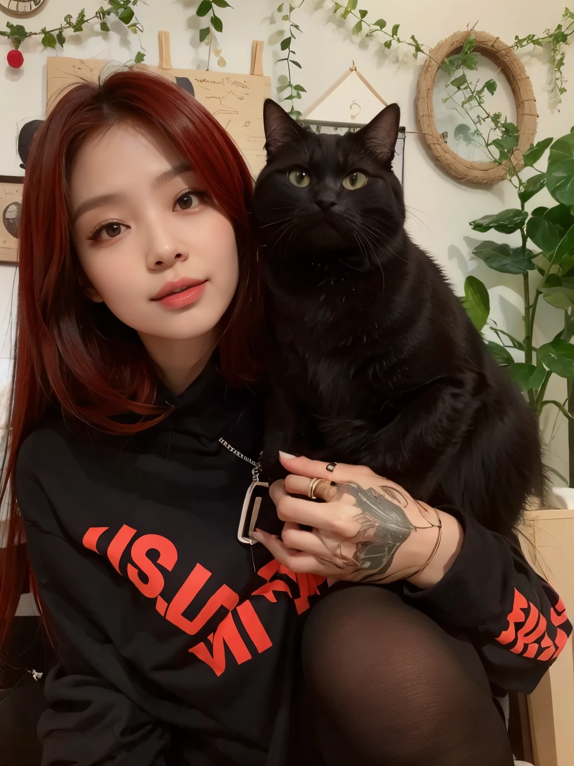 Jenny com um gato preto no colo, 16K, Ethereal beauty, 16K maximum quality, maior qualidade, mais alta qualidade, Qualidade e detalhes mais perfeitos, Rosto perfeito e beleza