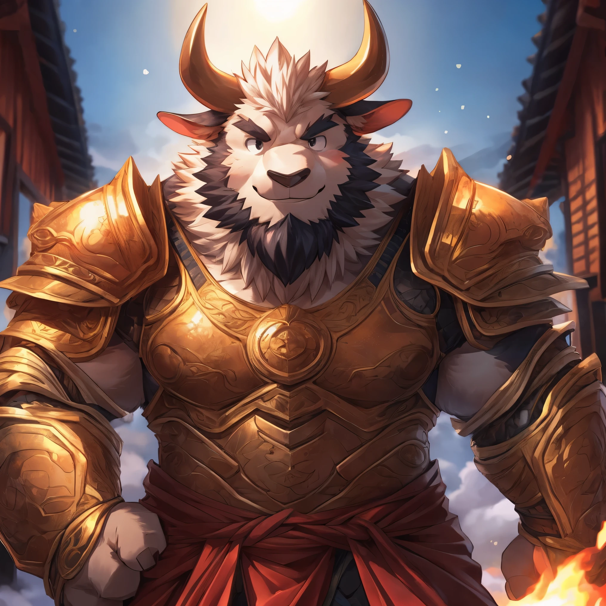 human nature, cannon, male, solitary, ((Round Face, Very plump face, thick beard)), ((endomorph body type, Handsome)), Chinese traditional clothing,(armor:1.5), ((domestic ox, ox) Fluffy fur, Fluffy), (In a wooden house), ,high quality,Bokeh, (high quality, high resolution, masterpiece), (Dynamic Lighting, Vibrant colors), (Generous smile), Front view (close up), cartoon, author:Takemoto Arashi, by zixiong, author:Chunni, author:Empty Ghost