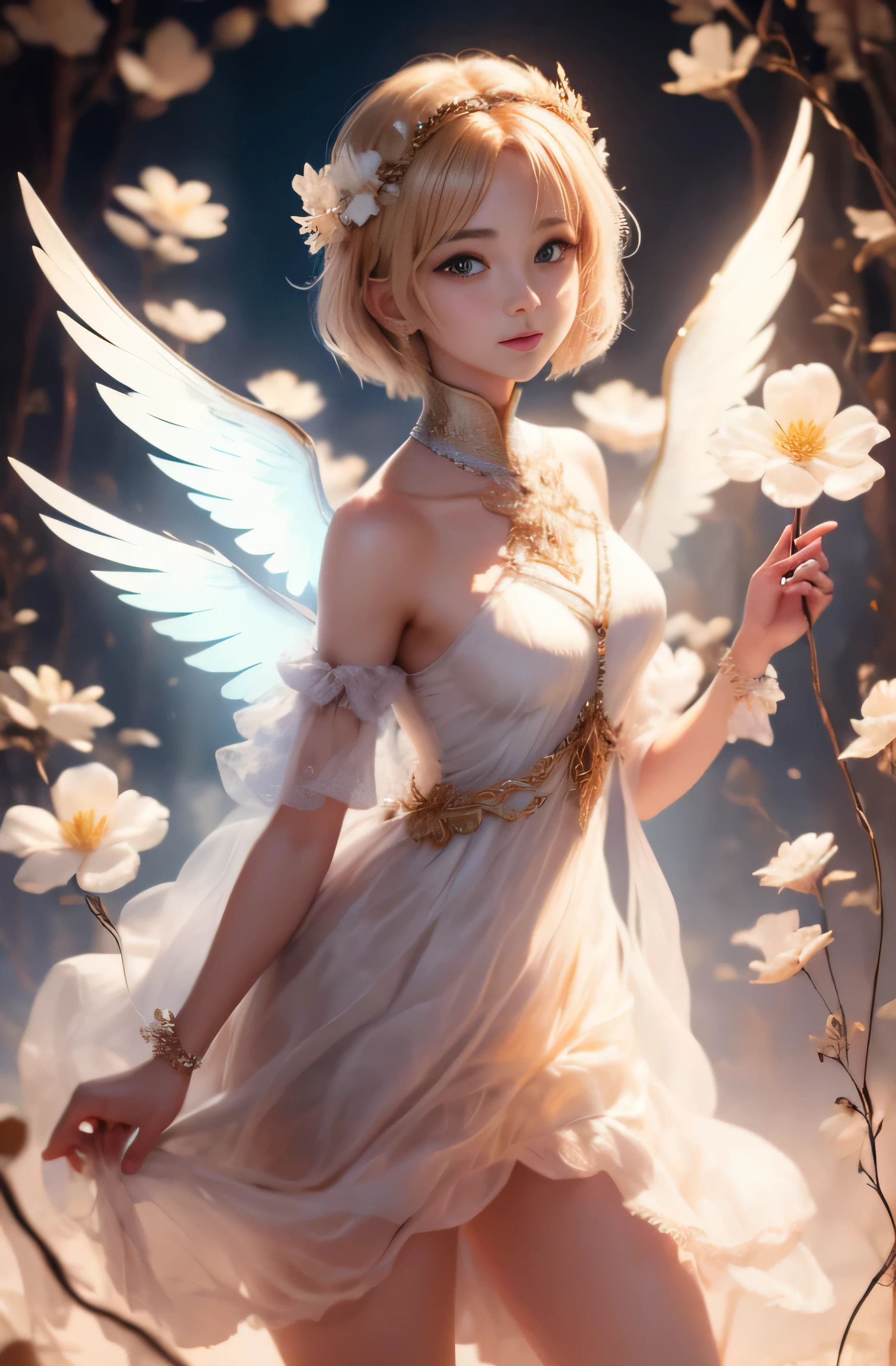 Greek warships、He has white angel wings on his back、8k、Real photo、Ultra-high resolution, Master Parts, highest quality, Ticker , Cinematic images,A lovely girl、Ann、16 years old、ann gross saxon、double eyelid、Droopy eyes、Very big eyes、eye shadow、 very detailed , blonde、Straight Short Hair、 Sweet expression 、smile、Attractive appearance、、Thin lips ,beautiful long nose、nose tip is small、Very beautiful woman、long supple legs、 Very sharp shadows , jewelry , sexy , Fine grain, Very difficult, Glowing Skin , perfect brilliant ann, Perfect Sentence, Dramatic Shadows ,White tiara on head、white dress with gold embroidery、