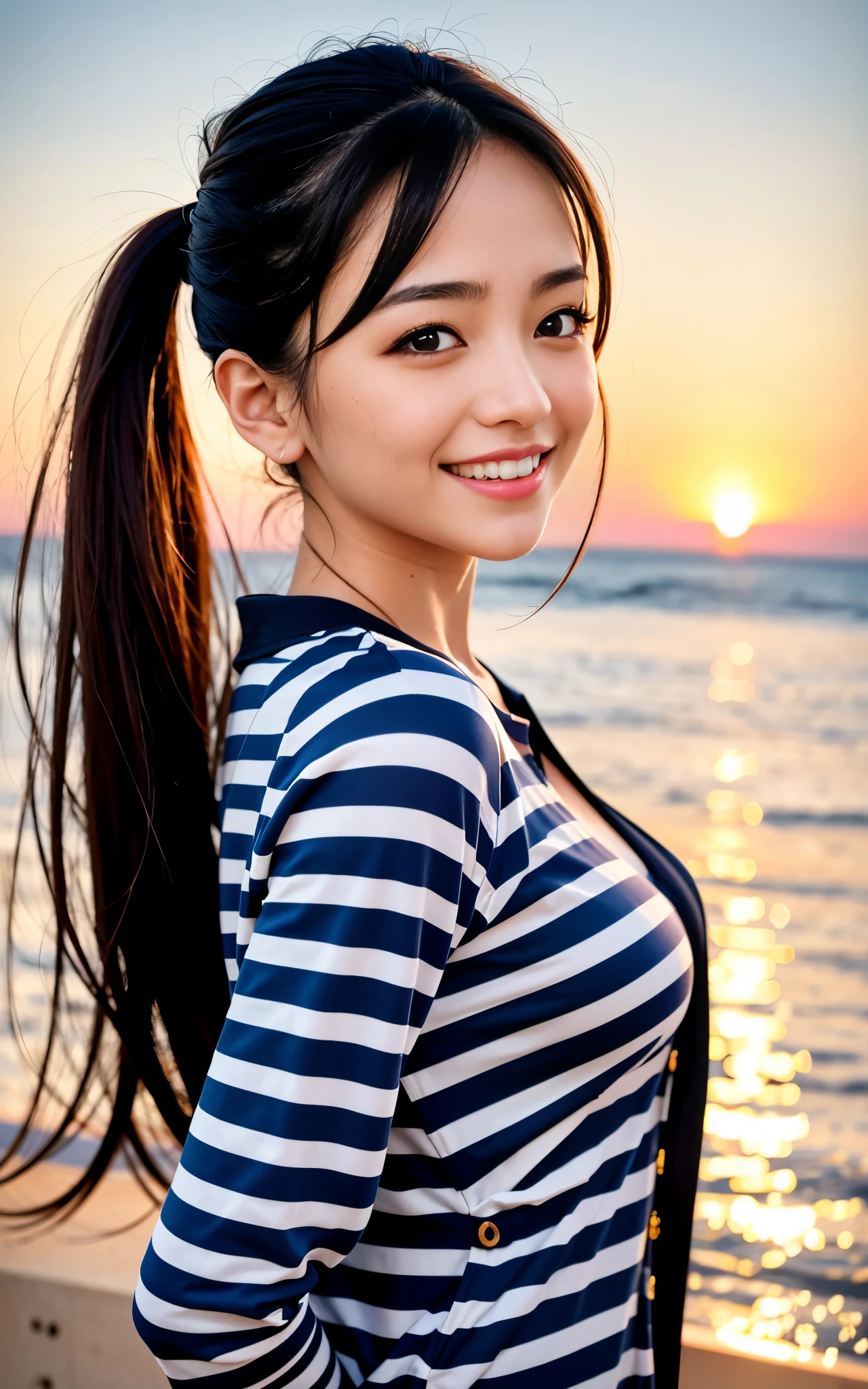 highest quality, figure, Ultra-detailed, finely, High resolution, 8K Wallpaper, 完璧なダイナミックな構figure, ((Sexy pose)), Beautiful Skin, (Big Eyes), 20 year old beautiful girl, Natural color lip, Mid chest, smile, Highly detailed face and skin texture, Detailed eyes, Double eyelid,leaking teeth and laughing, close-up, from behind, Brown hair ponytail, (Striped jacket), (shirt:1.2), Sunset