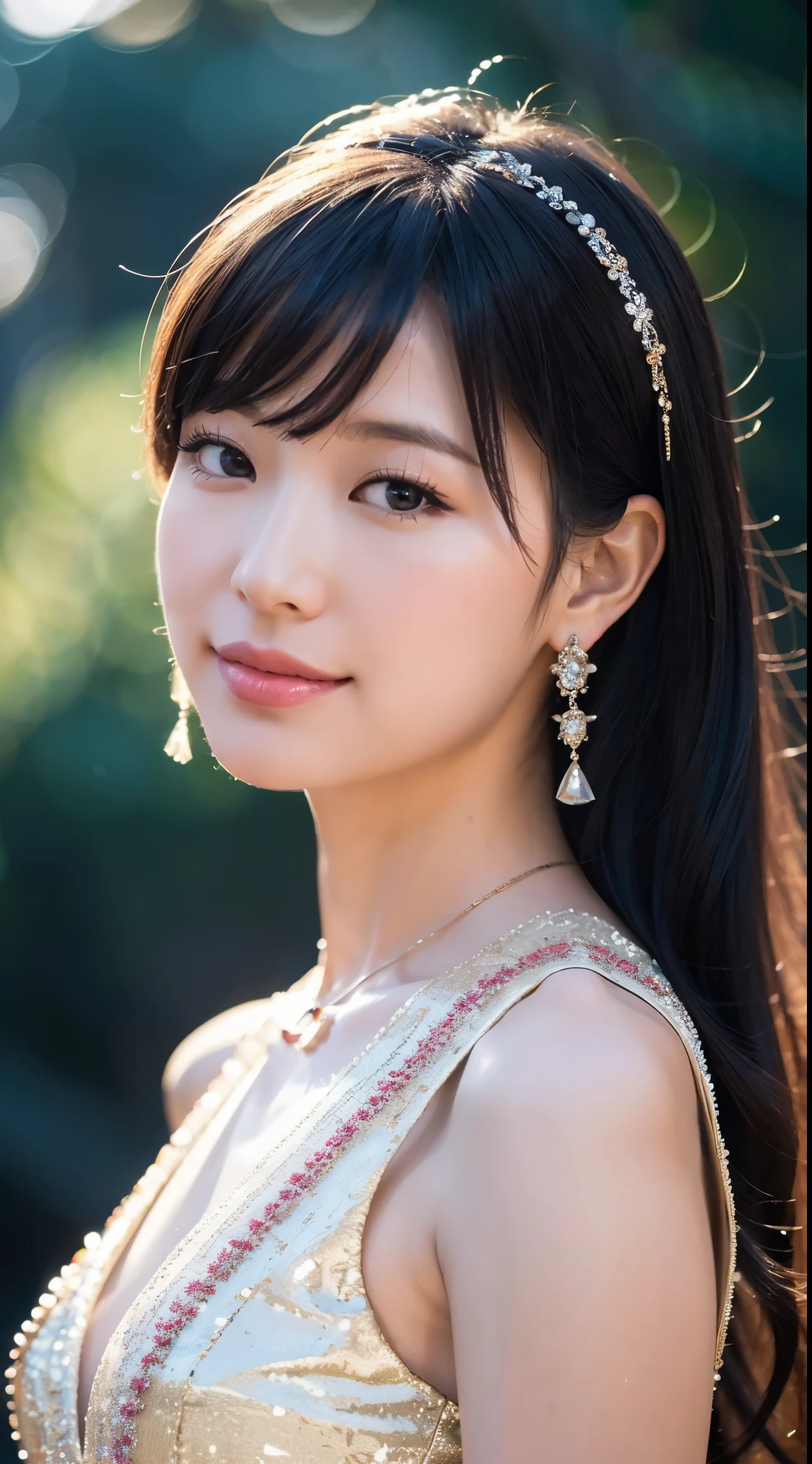最high quality, masterpiece, High resolution, 1 girl, transparent silk china dress, Beautiful Face, hair ornaments, Looking at the audience, smile, Mouth closed,lips, dress,hair ornaments, necklace, jewelry, Long Hair, Earrings, Beautiful Face,In addition_body, Tyndall effect,Realistic, dark studio, Rim Light, Two-tone lighting,(High resolutionスキン:1.2), 8K Ultra HD, Digital single-lens reflex camera, Soft lighting, high quality, Volumetric lighting, Frank, photograph, High resolution, 4K, 8k, Bokeh