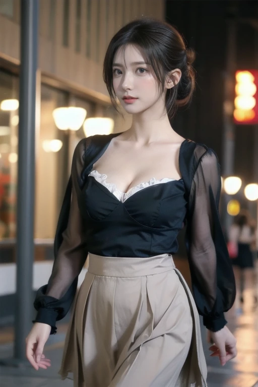 (Realistic、High resolution:1.3),(((Ultra high quality, Ultra-realistic, 8k, masterpiece: 1.3))), Very detailed, so beautiful,charm, 25歳 lady, ((walk:1.3)), High resolution RAW color photograph,1. woman, alone, ((super model 's bodyline:1.3)) , so beautiful顔, so beautiful体,Gentle expression, so beautiful目,(Perfect Makeup:1.1), (((so beautiful細い髪))),(((chignon hair:1.5))),Ash Brown Hair:1.3, Very thin body,Smart Abs, (((Grey pleated skirt ))) ,((黒chiffon blouse)), (((Cleavage, chiffon blouse:1.3))) ,1 pair of stiletto heels, Black Pantyhose,office, Staring at the audience, whole body, Walking through the streets of the city,