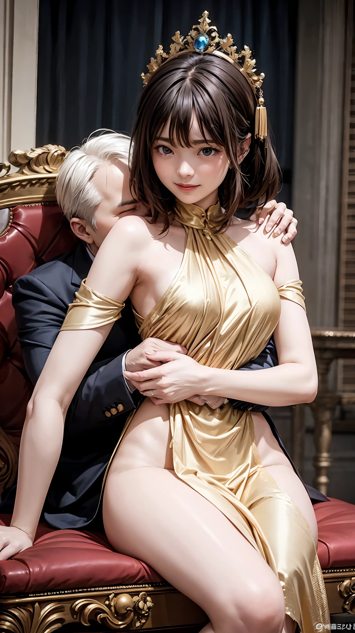 highest quality、4K quality、Man on a throne、Woman in sari riding man、Man hugs woman's breasts、A man puts his hand on a woman's crotch、slender、Small face、18-year-old、nude crotch