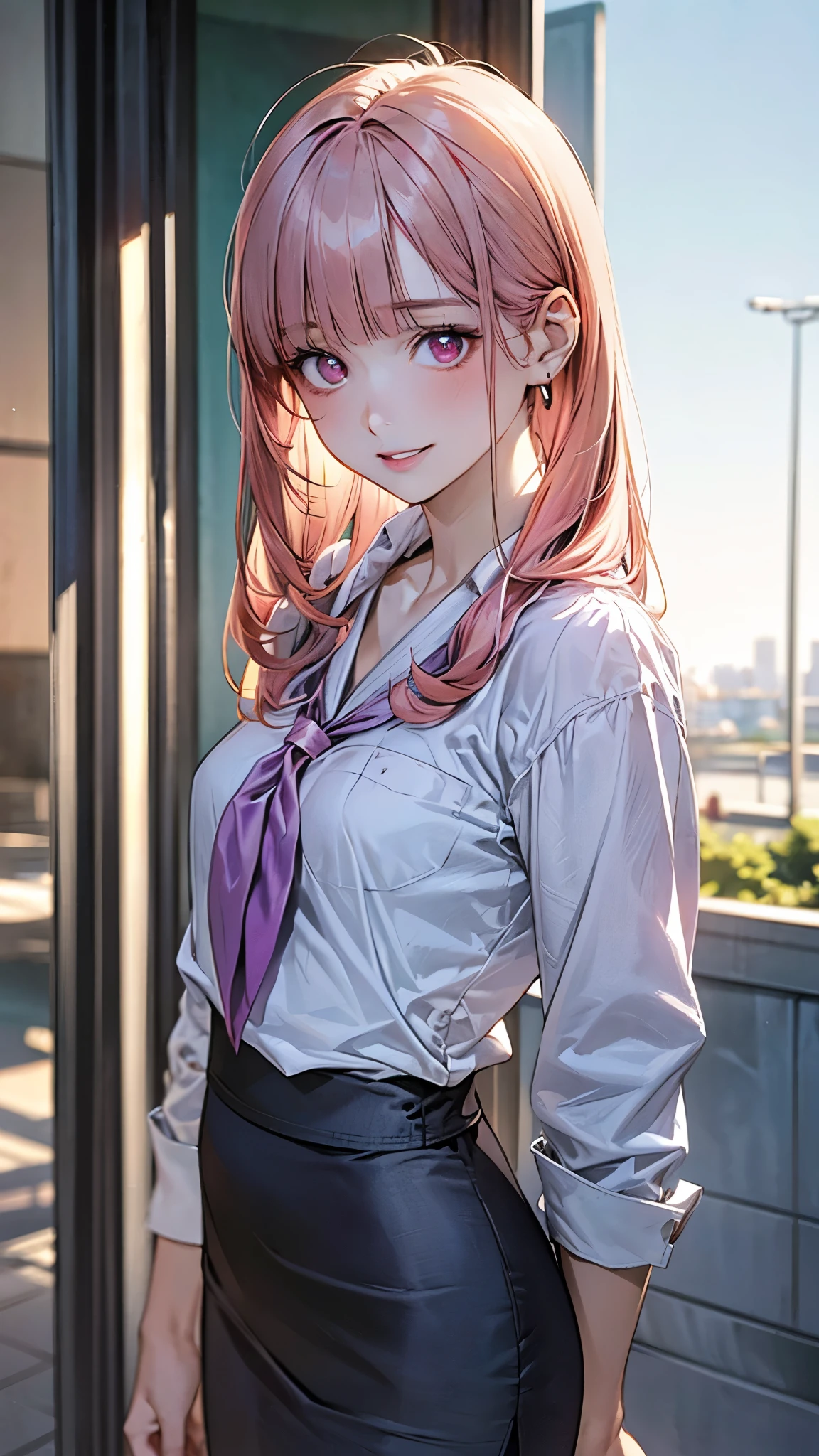 (masterpiece:1.2, top-quality), (realistic, photorealistic:1.4), beautiful illustration, (natural side lighting, movie lighting), ,
beautiful detailed hair, beautiful detailed face, beautiful detailed eyes, beautiful clavicle, beautiful body, beautiful chest, beautiful thigh, beautiful legs, beautiful hands,
looking at viewer, 1 girl, japanese, office lady, 20 years old, perfect face, cute and symmetrical face, shiny skin,
(very long hair, straight hair, salmon pink hair), blunt bangs, maroon eyes, slant eyes, big eyes, long eye lasher, (medium breasts, small ass, thin thighs), slender, outstanding style,
detailed cloth texture, ((light purple stripe small neckerchief, white collared shirt, light gray pencil skirt, light gray business suit)),
(beautiful scenery), spring, evening, (downtown), standing, (lovely smile, parted lips),