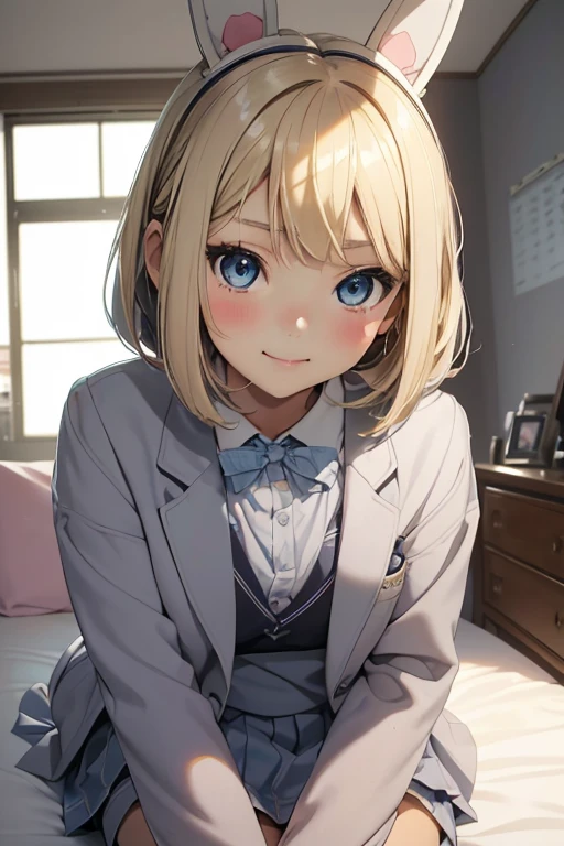 Photo of beautiful jpn-gyaru, masterpiece, 1 girl,
((8 girl:1.5)), (blue eyes, blonde bob hair: 1.2), small breasts, seductive smile,blush stickers, (school uniform,gray blazer, gray skirt, blouse),(lie down on the bed), bunny ears,