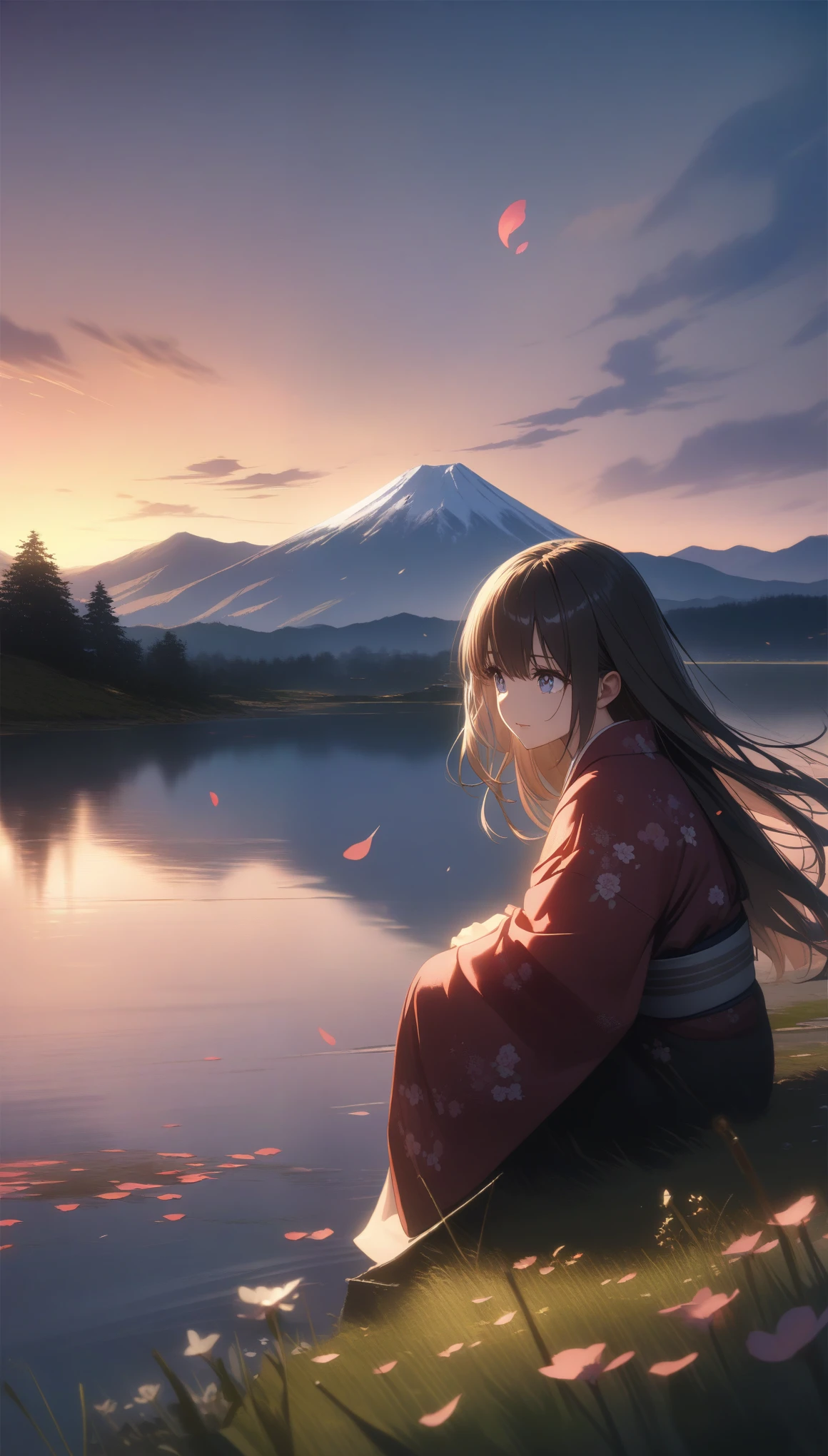 32k, best quality, ultra high res, HDR, UHD, extremely detailed CG, unity 32k wallpaper, highest quality, masterpiece, extremely detaileded, detaileded background, detaileded eyes, anime, One girl, Beautiful Eyes, Young girl, Long Hair Girl, Expressive Face, kimono, Retro, 富士山のWind景, Outdoor, sunset, Beautiful sky, Picnic on the lake, Wind景, scenery, horizon, Mountain Sitting near the mountain, Wind, petal, spring, avert your eyes, Atmospheric lighting, reflection, Naturalistic, detailed, realism. relaxation, beauty, Focus Only, close, From the side, Depth of written boundary, Bokeh,