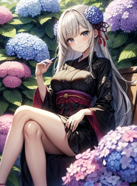 Cute Girls、Japanese、Surrounded by hydrangeas、Sitting with legs crossed、Fashionable hair ornaments、Attractive breasts、Shortcuts、dress