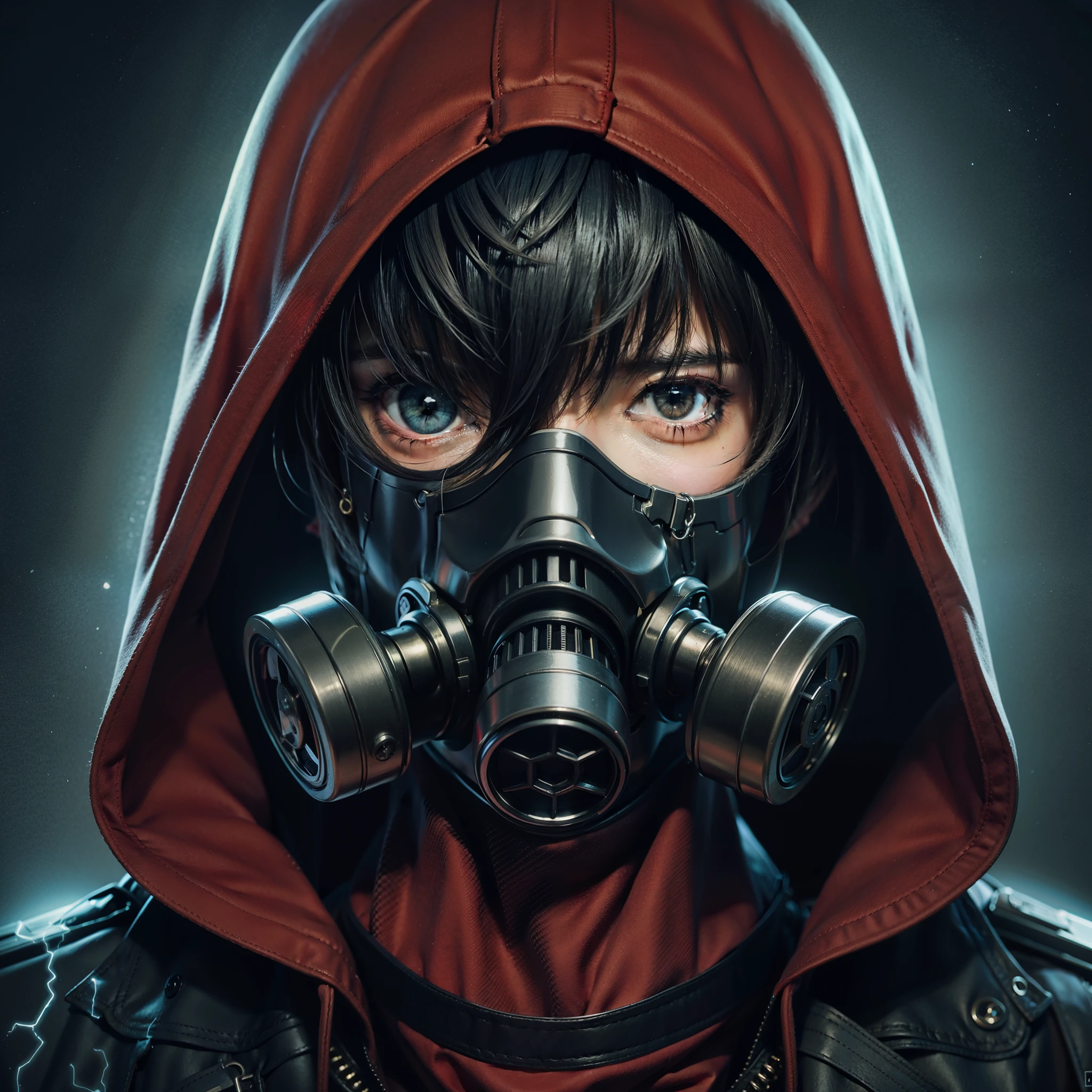 man with black hoodie, black choir outfit, broken black toxic gas mask with helmet, blue left eye, straight hair with only the bangs showing, his eyes are red and represent a look of evil inspired by the vector characters from Resident Evil and Kira from Death Note brunette person realistic image keep this mask the same cover the entire face leaving only the right eye red 