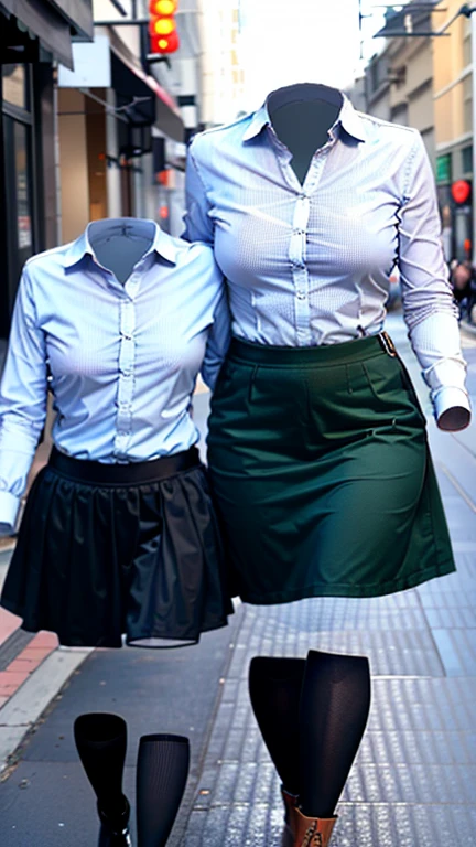 2 girls love each other, and skirt , combat boots, ((invisible, no humans:1.5, headless:1.5, handless, legless)), (big breast), close-up to breast, (extremely detailed), (photo realistic), (photon mapping),walking on the street
