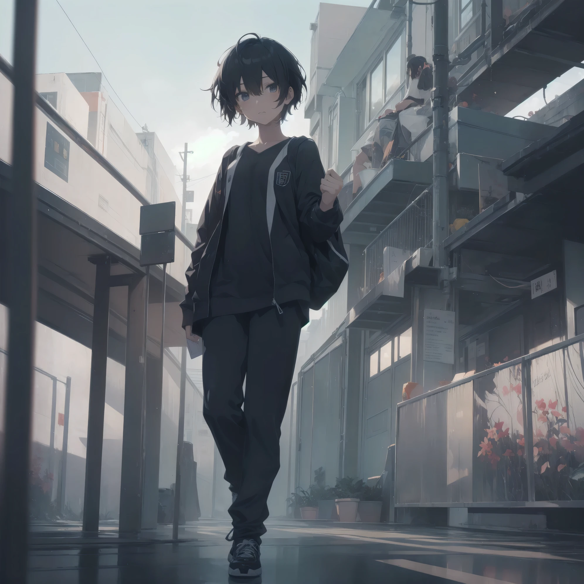 ultra-absurdres-Top quality by artist God, ultra-detailed, high resolution, anime moe artstyle, best anime 8k konachan wallpaper, pixiv contest winner,pool:2810, perfect anatomy,break, 1girl, (Please draw a girl walking sleepily to school alone. )break,(Solo,little female, 13-year-old:1.3),Full limbs, complete fingers,a junior high school student,  (very short hair), short cut, flat chest, , small butt, small black eyes, beautiful detailed eyes, well-proportioned iris and pupils, expressive eyes, highres detailed hair, soft expression, school_uniform, official_alternate_costume, pleated skirt,(Detailed Lighting), (Detailed background), in the School commute route. break,super detailed skin, Best cinematic lighting powered by famous artist, 8k,beauty illustration,photoshop_(medium),very aesthetic,break,((artist:ido_(teketeke))), artist:bolze ,artist:oyari_ashito ,artist:kantoku ,