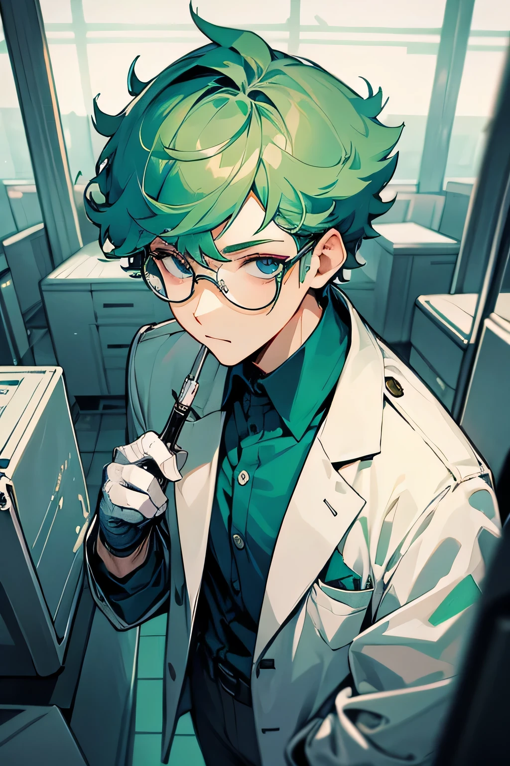 1 guy, expressive face, green hair with white splash, short hair, no bangs, curls, blue eyes, glasses, scientist, holding a test tube, watch on hand, blue t-shirt, white coat, pen in pocket, thoughtful, portrait, in the morgue , computer screens, test tubes, gloves, bandaged hands, super detailed, standing, perspective, top view