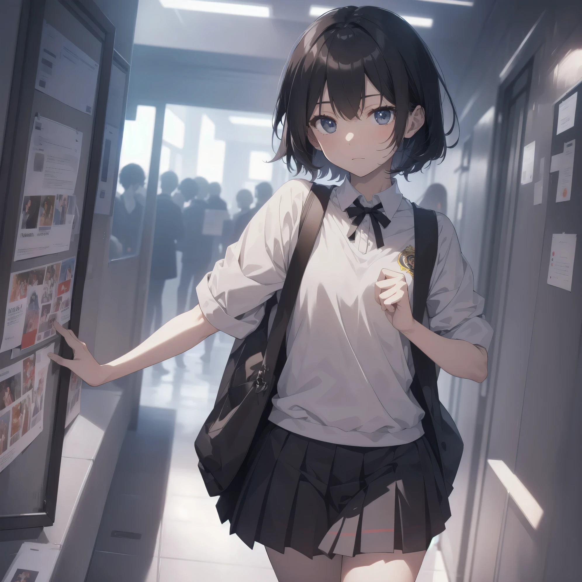 ultra-absurdres-Top quality by artist God, ultra-detailed, high resolution, anime moe artstyle, best anime 8k konachan wallpaper, pixiv contest winner,pool:2810, perfect anatomy,break, 1girl, (Please draw a girl walking sleepily to school alone. )break,(Solo,little female, :1.3),Full limbs, complete fingers,a junior high school student, (very short hair), short cut, flat chest, , small butt, smallck eyes, beautiful detailed eyes, well-proportioned iris and pupils, expressive eyes, highres detailed hair, soft expression, school_uniform, official_alternate_costume, pleated skirt,(Detailed Lighting), (Detailed background), in the School commute route. break,super detailed skin, Best cinematic lighting powered by famous artist, 8k,beauty illustration,photoshop_(medium),very aesthetic,break,((artist:ido_(teketeke))), artist:bolze ,artist:oyari_ashito ,artist:kantoku ,