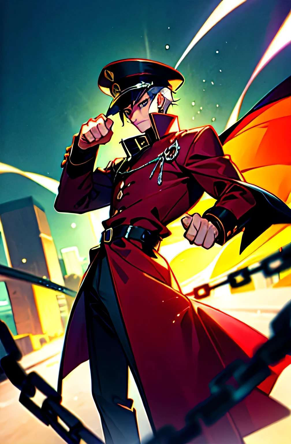 (masterpiece), best quality, 8k, perfect artwork, (lightning effect,  time stop), Fantasy,RED red clothes, 1man, muscular man, HAT ,GREEN EYES, , GAKURAN, LONG COAT, JEWELRY, EARRINGS, CHAIN, Hash, stick out one's fist
hilltop monastery with panoramic views of the surrounding landscape of a city,detailed shadow, detailde lighting, professional lighting