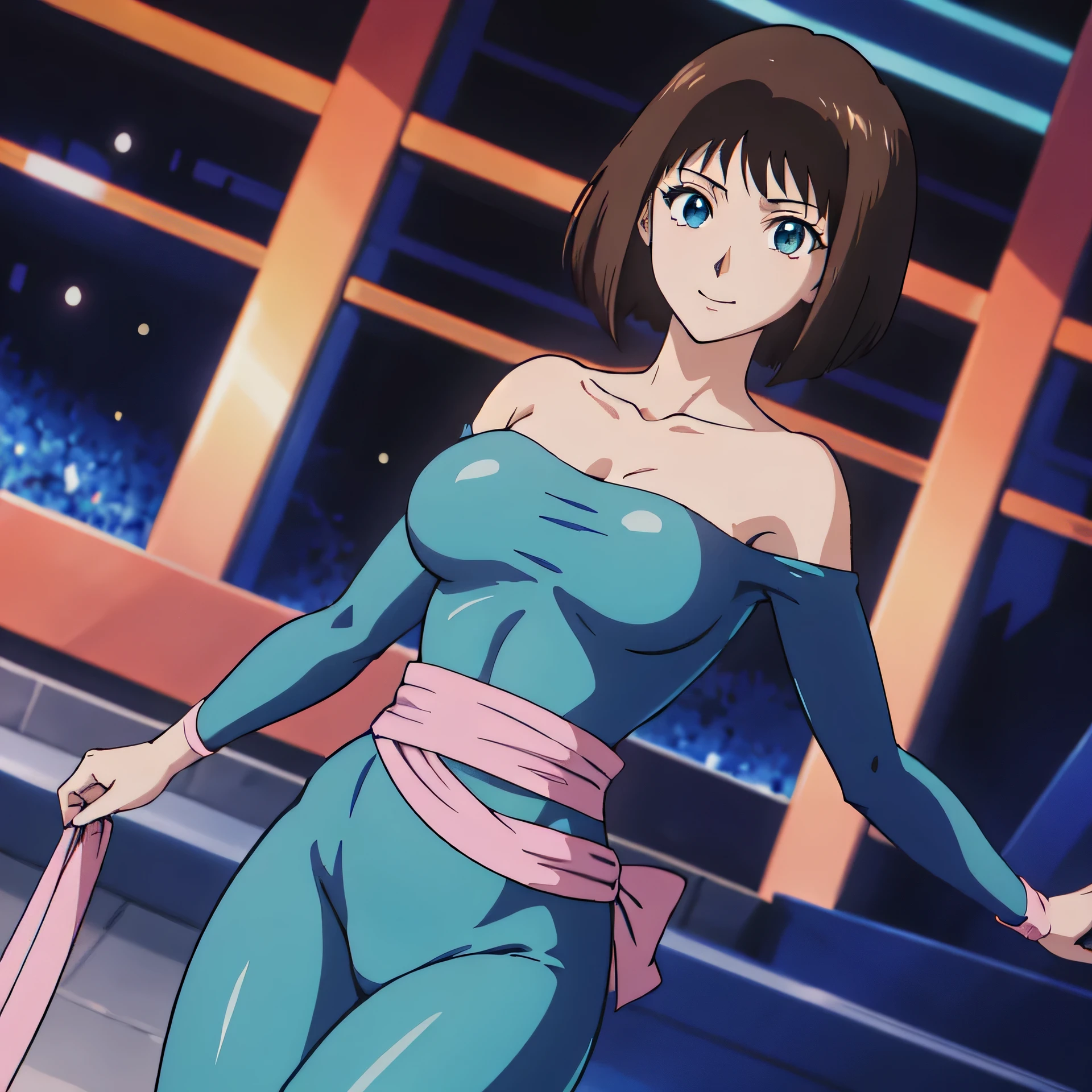 masterpiece、highest quality、Anime Women、solo、Watching the audience、smile、Short Hair、brown hair、eyelash、Blue Eyes、Bobcut、Big Breasts、A woman with very large breasts、collarbone、Green bodysuit、Off the shoulder、Long sleeve、Pink sash、