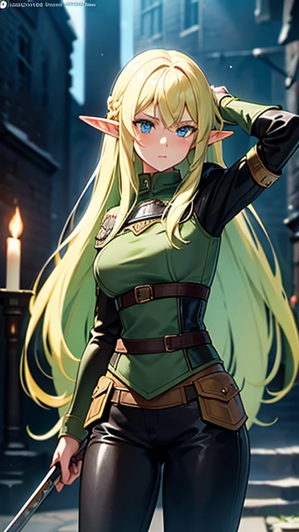 ((Ultra-detailed)), (top-quality), ((masterpiece)), ((Super exciting)), ((8K)), ((1080p)), ((extremely clear)), ((Very sophisticated)), ((Anime Graphics)), ((Anime quality)), ((Anime Illustration)), ((Upper lighting)), ((depth of fields)), ((Glowing skin)), ((gleaming)), ((shiny-glistening)), (3D)), ((Perfect Anatomy)), (Realistic skin texture), ((Detailed face description)), ((anime quality eyes)), (bright color:1.2), (fantasy), (((solo)), (a girl), (a beauty), (a elf)), ((blond hair), (long hair), (braid hair:0.8)), ((blue eyes), (slanted eyes)), ((green and long adventurer uniform:1.5), (long pants), (hoodie mantle) (corset)), ((darkest dungeon:1.3), (ruins:1.2), (blur background)), ((back shot)), (slender body), ((displeasure look), (blush), (look at viewers)), ((chest up)),