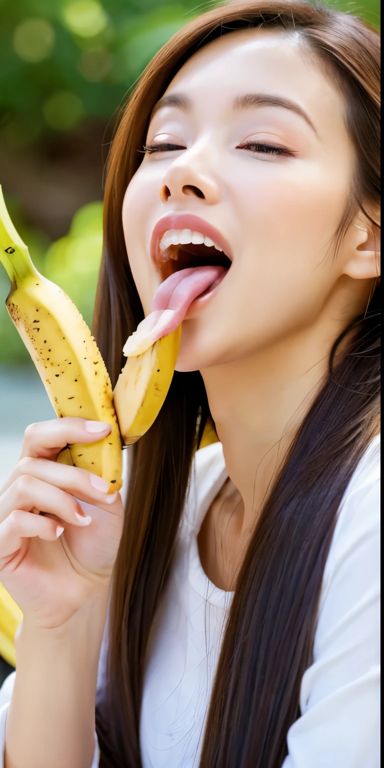 an Indonesian-looking mother wearing a tight red tank top so that her nipples could be seen was posing in a sexy pose while holding a banana covered in thick , the mother licked the banana with her tongue, the mother enjoyed it so much that her face was full of passion.