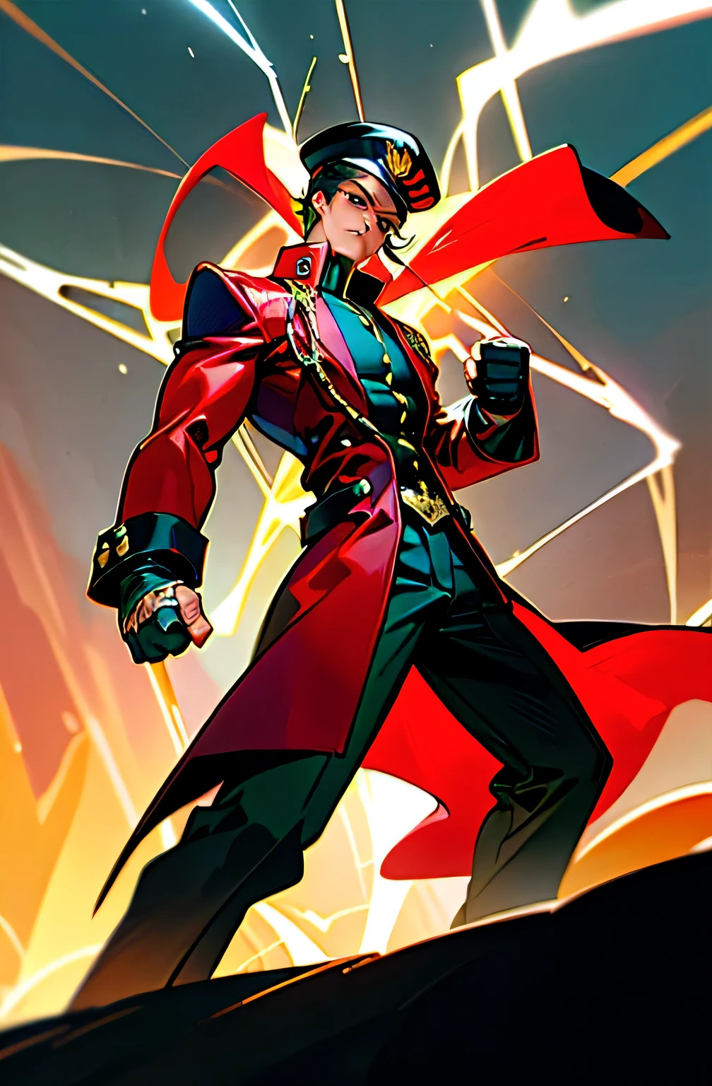 (masterpiece), best quality, 8k, perfect artwork, (lightning effect, time stop), Fantasy,RED red clothes, 1man, muscular man, HAT ,GREEN EYES, , GAKURAN, LONG COAT, JEWELRY, EARRINGS, CHAIN, Hash, stick out one's fist
hilltop monastery with panoramic views of the surrounding landscape,detailed shadow, detailde lighting, professional lighting