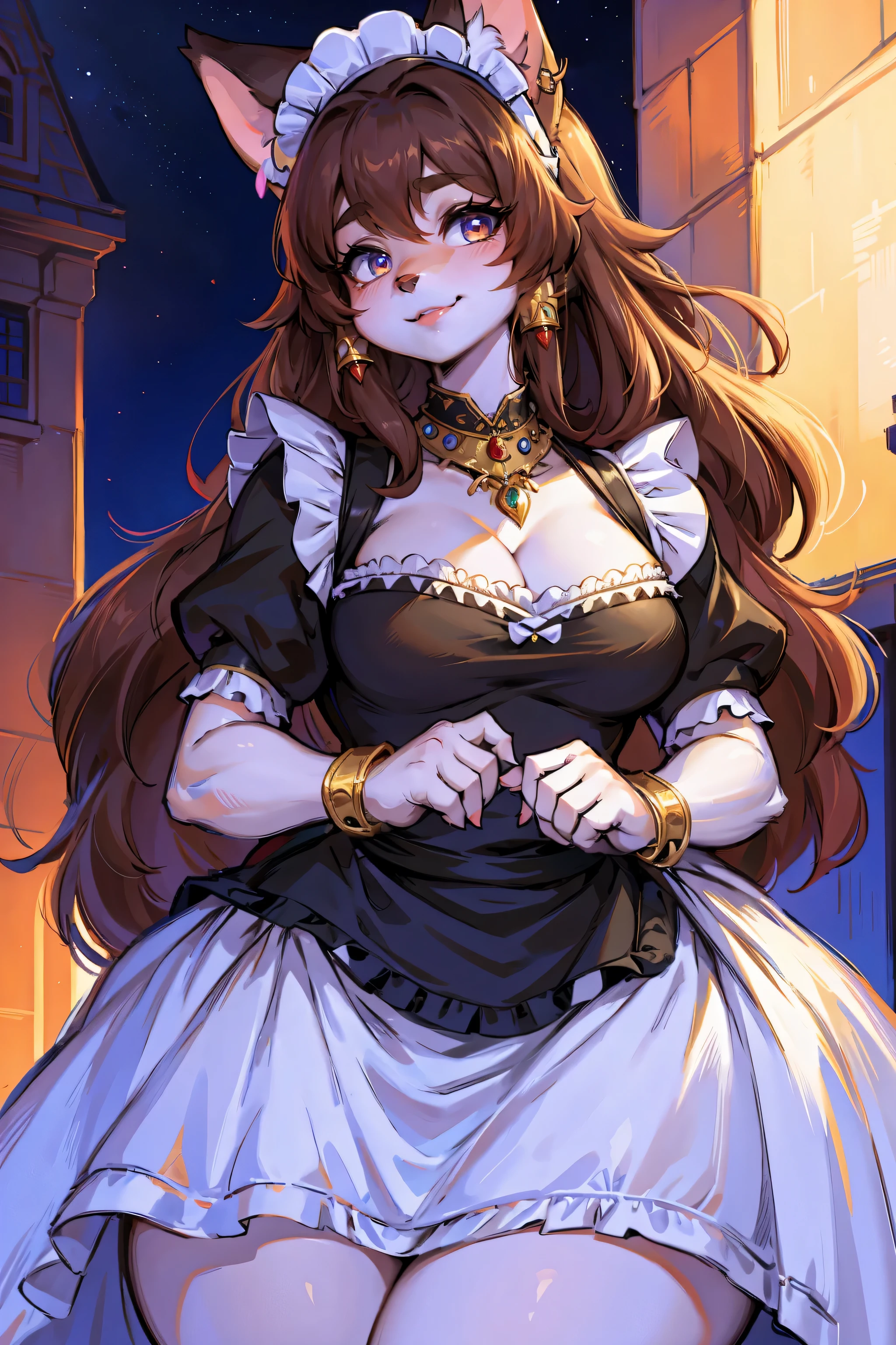 maid,(maid_dress:1.5),furry_girl,(dog_ears:1.2),Cute anime art style,Super detailed,hairy,dog girl,(fair/Exquisite eyes:1.1),Feminine face,Long eyelashes,(jewelry/Accessories:1.2),Well-proportioned body,Inspired by Luna,(Reasonable structure:1.1),(perfect Exquisite eyes:1.5),erect,Cat&#39;s Eye,Smile,(Wearing a lot of jewels:1.2),(Sexy body:1.2),thick_thighs,cute,Seductive smile,(Best quality,8K,high resolution,masterpiece:1.2),