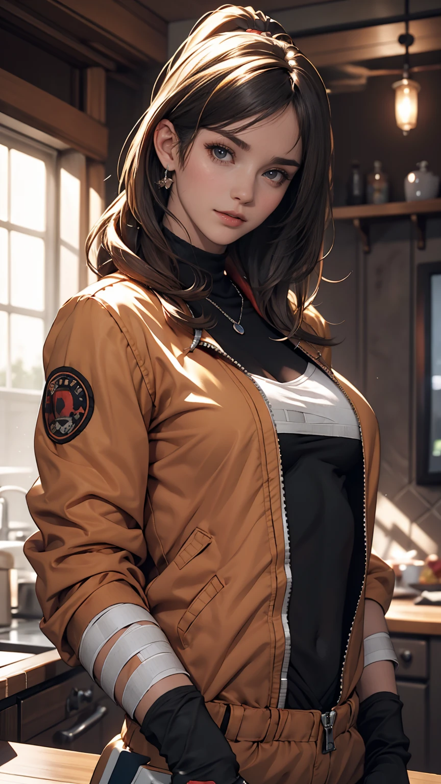 (8k, highest quality, masterpiece:1.2), Very detailed, masterpiece, Realistic lighting,masterpiece, highest quality, masterpiece, Official Art,Very detailed CG ユニティ 8k 壁紙,Beautiful fine details, Light on the face, One girl, Asuka,Upper Body, chest, pilot_suit, plugsuit, red_Jacket, Windbreaker, gloves, bandage, hair_ornament, Braces,  