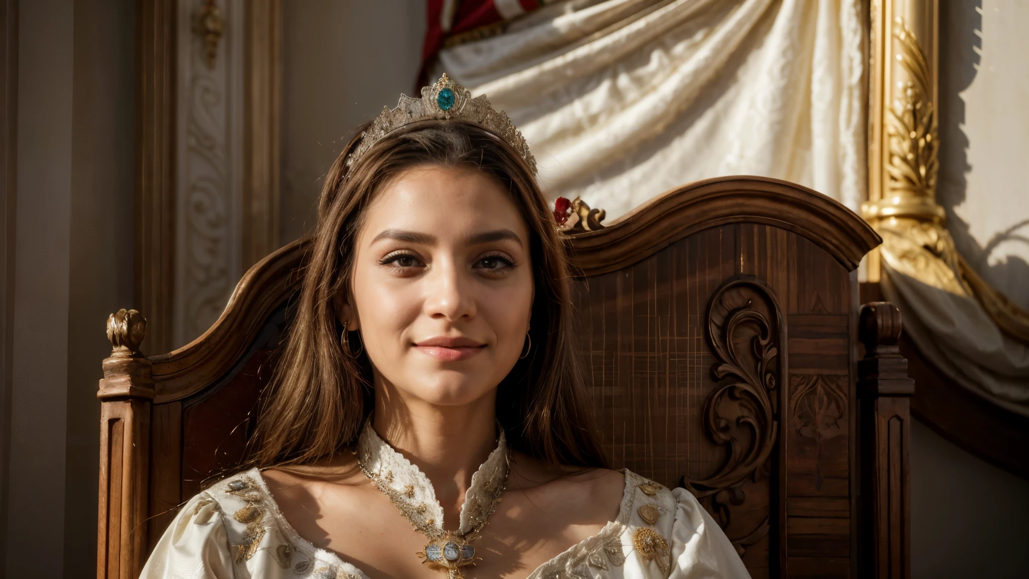 melhor qualidade, ultra-detalhado, high resolution, obra-prima: realista, fotorrealista: 1.37, 40 year old sovereign queen with crown on her head sitting on the throne, sala do trono, rosto detalhado, Worthy Expression, olhos penetrantes e determinados, traje real comprido, coroa elaborada, joias ornamentadas, pele macia e brilhante , sorriso sutil, postura confiante, luz solar dourada iluminando a cena, Royal badge, entalhes elaborados no trono, fundo dourado impressionante, ambiente nobre e majestoso, feeling of royalty, justice and dignity Colors are masterfully captured by the Nikon D850 and a Nikon AF-S NIKKOR 70-200mm f/2.Primavera 8 FL ED VR, Pedro Jackson, fantasia, historic