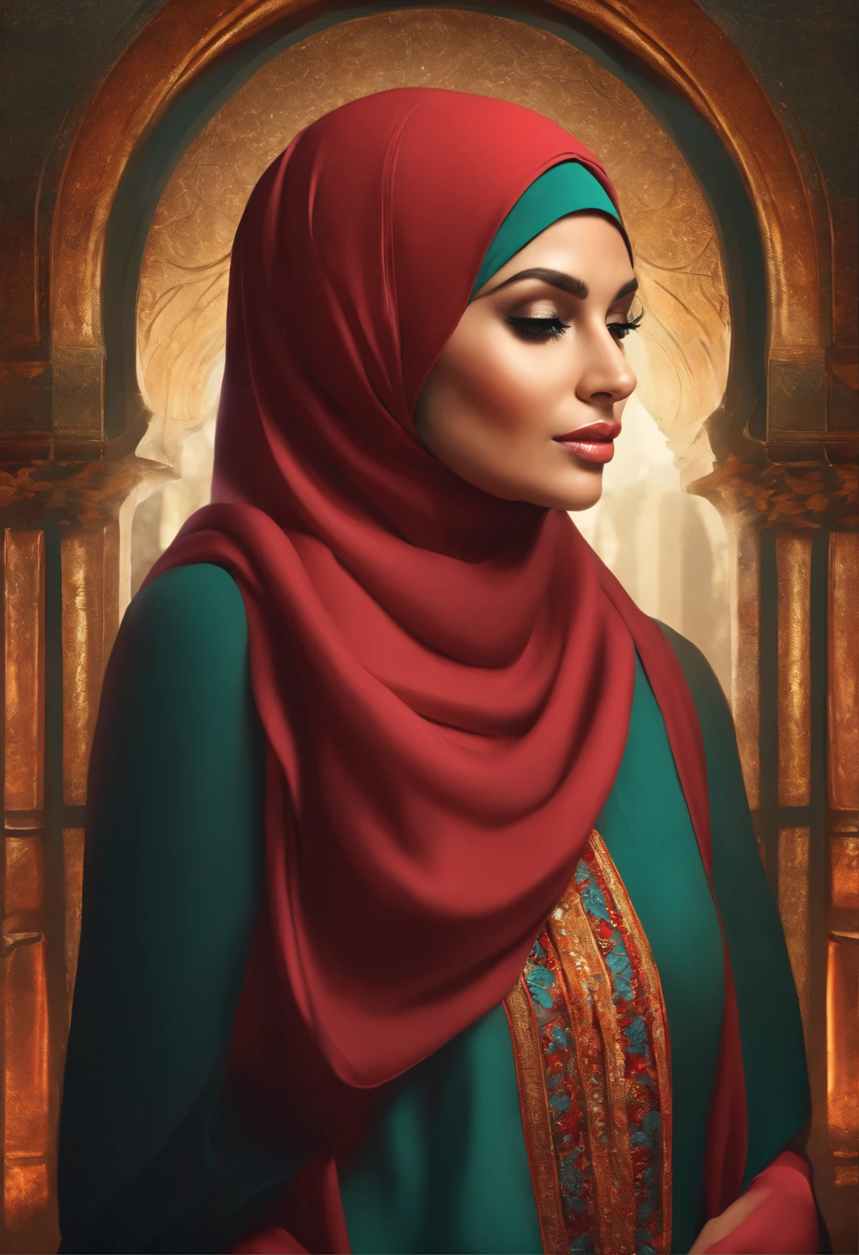A female wearing a hijab and jumpsuit stands elegantly in a vibrant garden. Her beautiful eyes sparkle with life and are accentuated by thick lashes. Her hair cascades in intricate waves, framing her face and adding to her allure. She possesses a pair of thick lips, adding a touch of sensuality to her appearance. Her circular chest and visible cleavage highlight her femininity, while her curved booty complements her thin waist, creating an enchanting silhouette. The artwork is a 3D render, executed with the utmost precision and attention to detail. Every aspect of the image is stunningly realistic, with exquisite lighting that accentuates the subject's features. The colors are vibrant and lively, adding depth and dimension to the scene. This artwork is a true masterpiece, capturing the beauty and grace of the female subject in a photorealistic manner. The piece belongs to the portraits genre, celebrating the diversity and elegance of women adorned with hijabs.