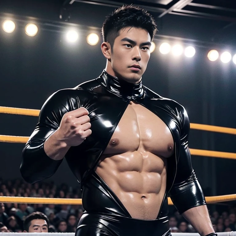 Japanese male wrestler, handsome, perfect figure, big muscles, short hair, tan skin, wearing a black latex suit, showing off his chest, indoor wrestling ring, lots of flashing lights,