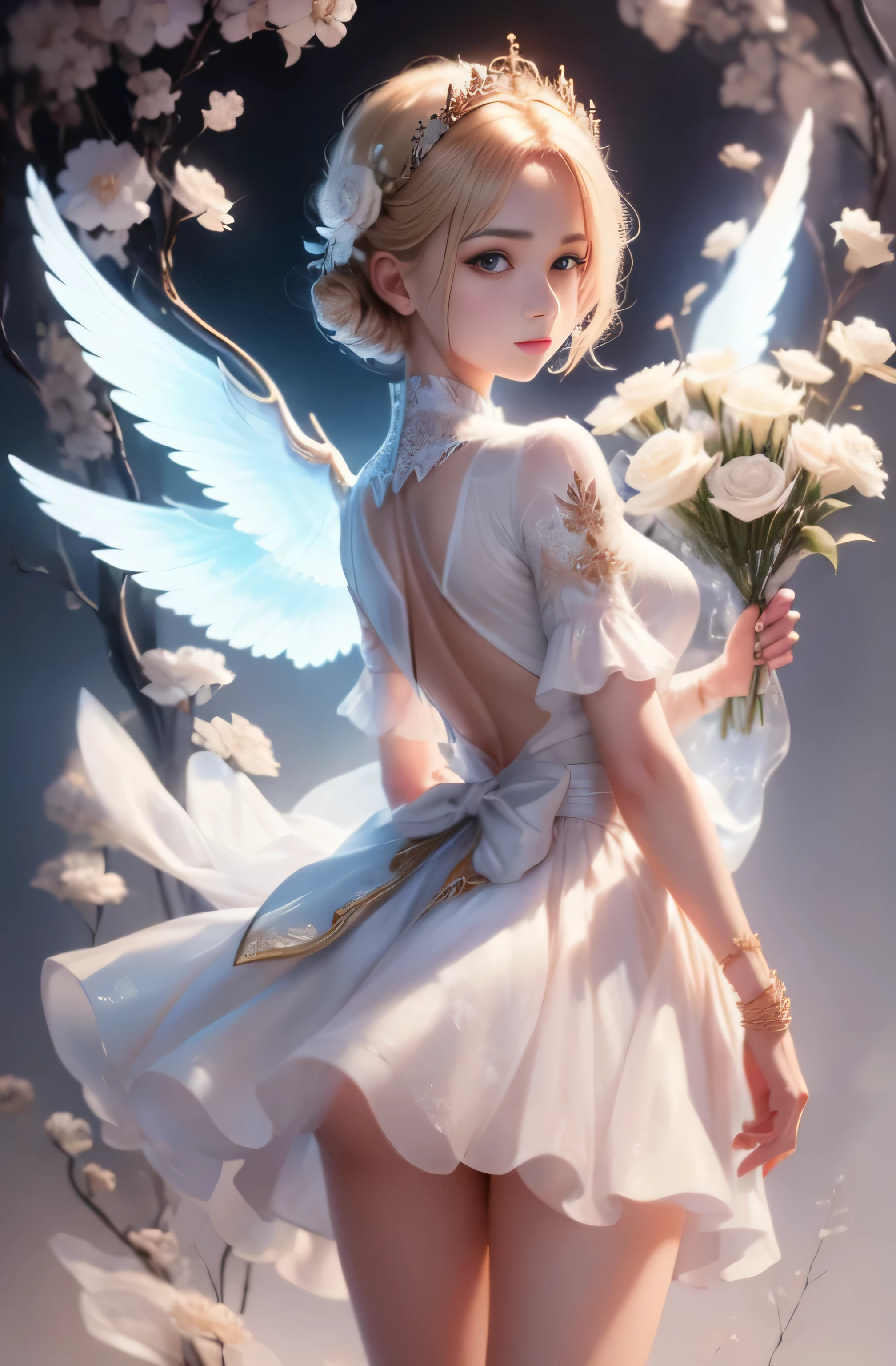 Greek warships、、He has white angel wings on his back、8k、Real photo、Ultra-high resolution, Master Parts, highest quality, Ticker , Cinematic images,A lovely girl、Ann、、ann gross saxon、double eyelid、Droopy eyes、Very big eyes、eye shadow、 very detailed , blonde、Straight Short Hair、 Sweet expression 、smile、Attractive appearance、、Thin lips ,beautiful long nose、nose tip is small、Very beautiful woman、long supple legs、 Very sharp shadows , jewelry , sexy , Fine grain, Very difficult, Glowing Skin , perfect brilliant ann, Perfect Sentence, Dramatic Shadows ,White tiara on head、white dress with gold embroidery、He has white angel wings on his back、White bouquet in hands、Glass High Heels