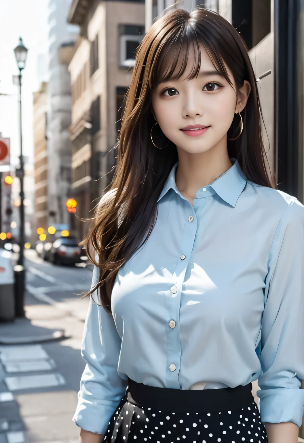 (masterpiece, best quality:1.1), (8k, raw photo, photo realistic:1.2, f22), (shiny skin), detailed skin,long hair,detailed face, detailed eyes, smile,BREAK, real world, intricate details, smil, BREAK, 1girl, (Polka dot pattern,skirt), BREAK, (city:1.4), BREAK