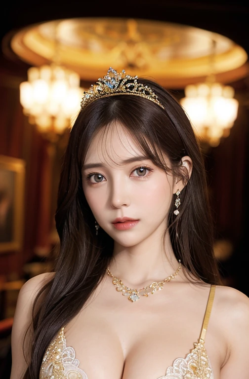 Princess , in castle , detailed hand , high quality, super quality, detailed face, beautiful woman , golden eyes, long hair , mega breast , gorgeous dress, tiara, necklace , earring , sharpe eyebrow , 