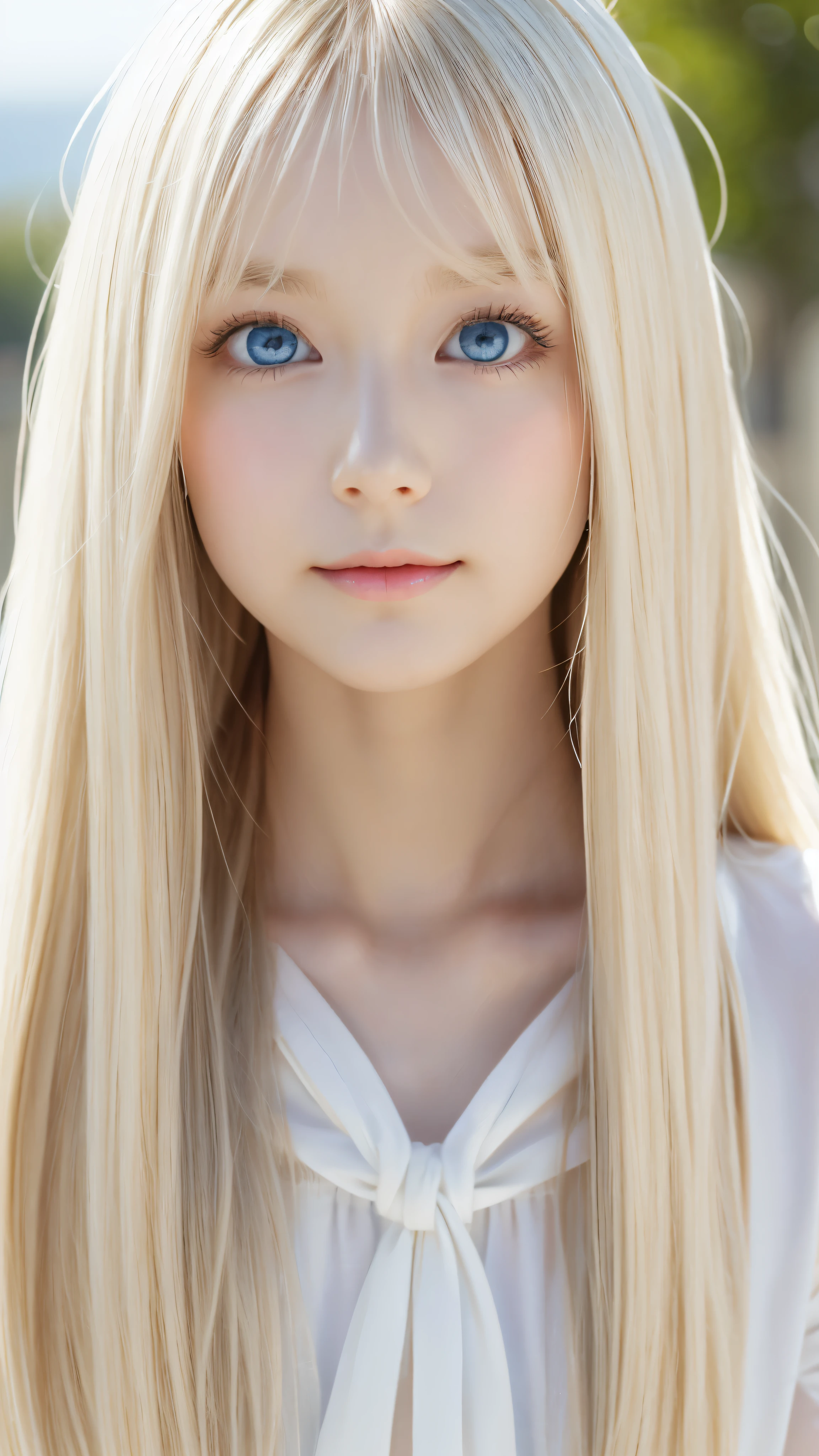 Shining, clear, white skin、Her windblown blonde hair hides her beautiful face、huge、28 years old cute sexy little beautiful face、Beautiful straight hair that stands out、growing up, Sparkling light blue eyes、long silky bangs that cover cute eyes, Sexy and cute young woman with super long hair hiding her sexy face、Super long, natural platinum blonde shiny hair