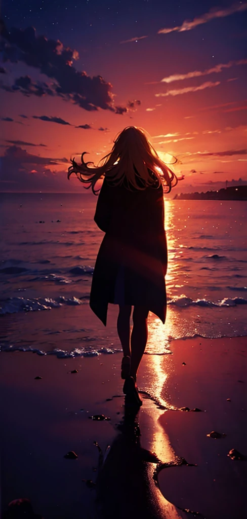 Blonde woman，Long coat，mini skirt，Rear View，silhouette，Red Moon，Red Night，beach，The boundary between the sea and space，