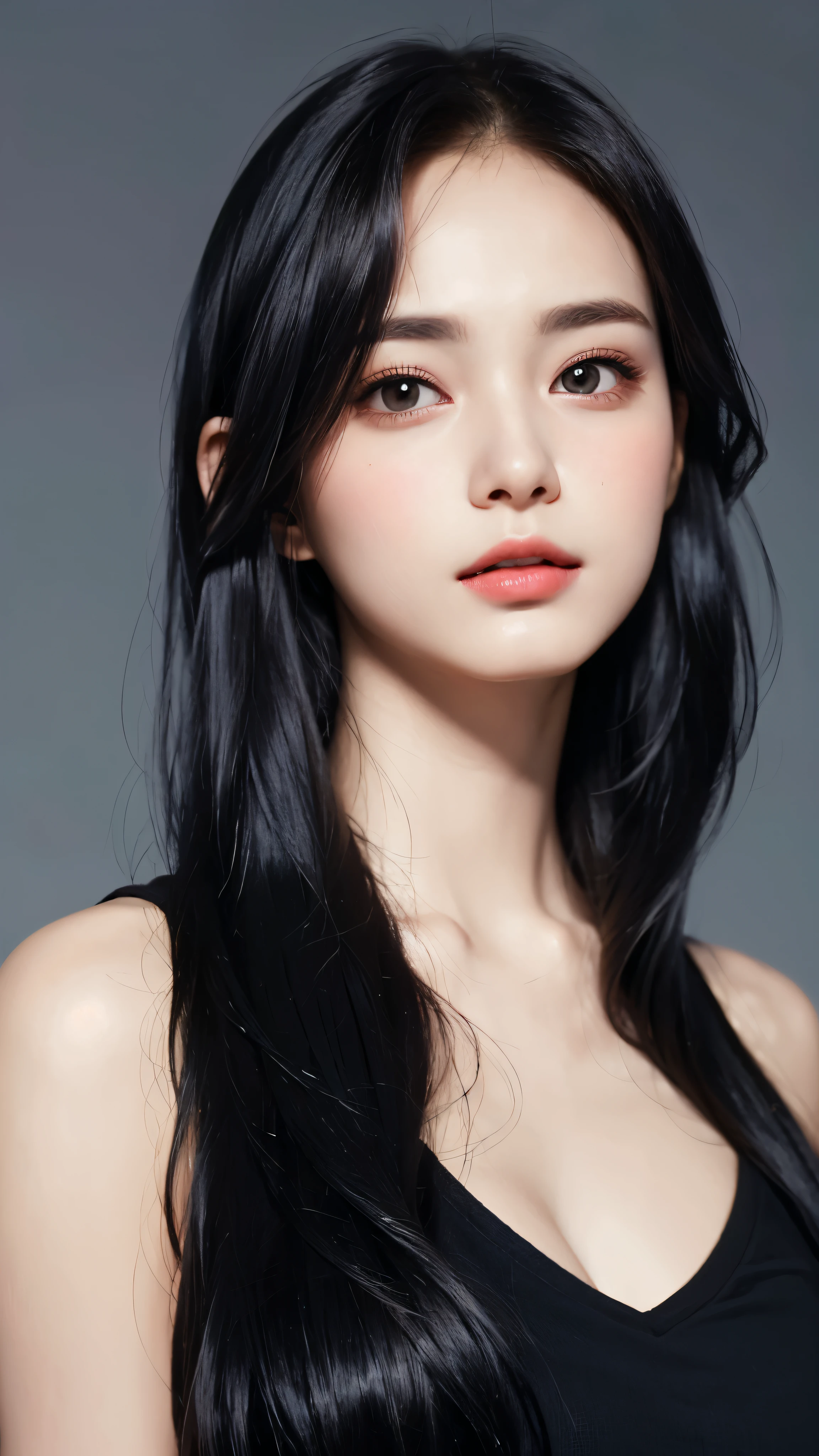 A stunning masterpiece, realistic and top quality depiction of a beautiful girl with a perfect body, professionally posed with shiny, natural skin. This surreal portrait captures the essence of youth and beauty, with simple details. beautiful, neat black hair.