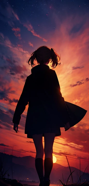 Blonde woman,Long coat,mini skirt,Rear View,silhouette,Red Moon,Red Night,The boundary between the sea and space,
