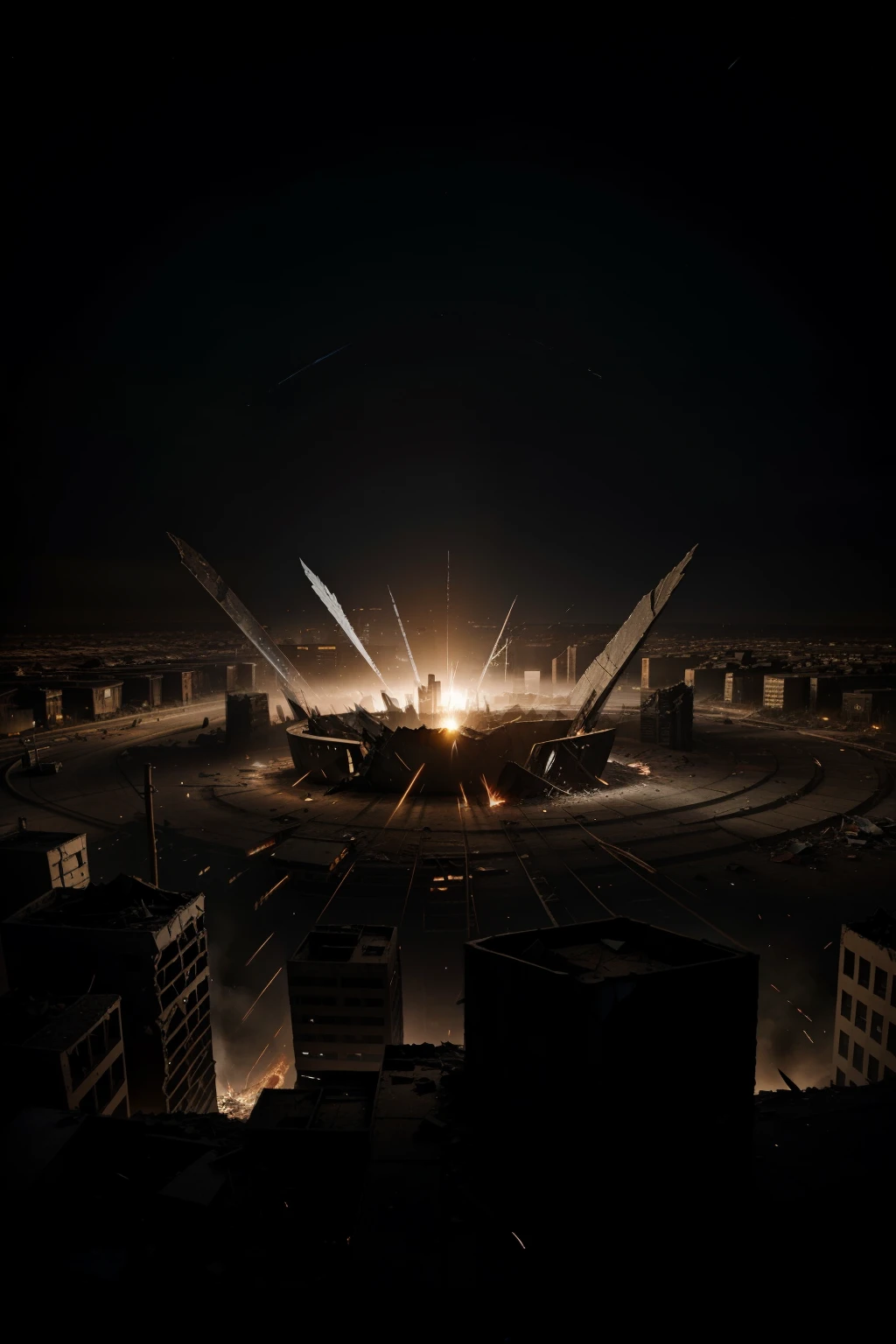 (Best quality, Ultra detailed, Dark and moody: 1.1), Post-apocalyptic scene, Giant crater in the heart of the city, (Shattered buildings: 1.3), (Smoke and dust: 0.8), (Night sky: 1.0), Stars twinkling above, (Broken power lines: 0.5), (Ruined vehicles: 1.2), (Survivors in the distance: 0.5), (Crashed helicopters: 0.3), (Glowing embers: 0.6), (Desolate and eerie silence: 0.7), (Highly detailed