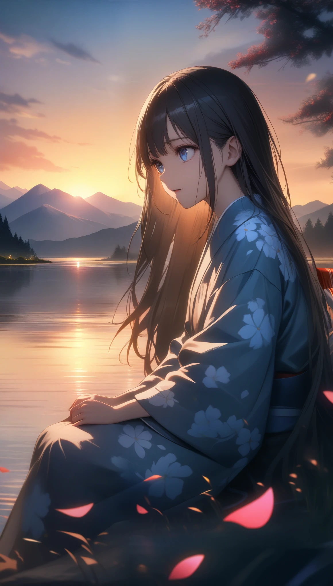 32k, best quality, ultra high res, HDR, UHD, extremely detailed CG, unity 32k wallpaper, highest quality, masterpiece, extremely detaileded, detaileded background, detaileded eyes, anime, One girl, Beautiful Eyes, Young girl, Long Hair Girl, Expressive Face, kimono, Retro, 富士山のWind景, Outdoor, sunset, Beautiful sky, Picnic on the lake, Wind景, scenery, horizon, Mountain Sitting near the mountain, Wind, petal, spring, avert your eyes, Atmospheric lighting, reflection, Naturalistic, detailed, realism. relaxation, beauty, Focus Only, close, From the side, Depth of written boundary, Bokeh,