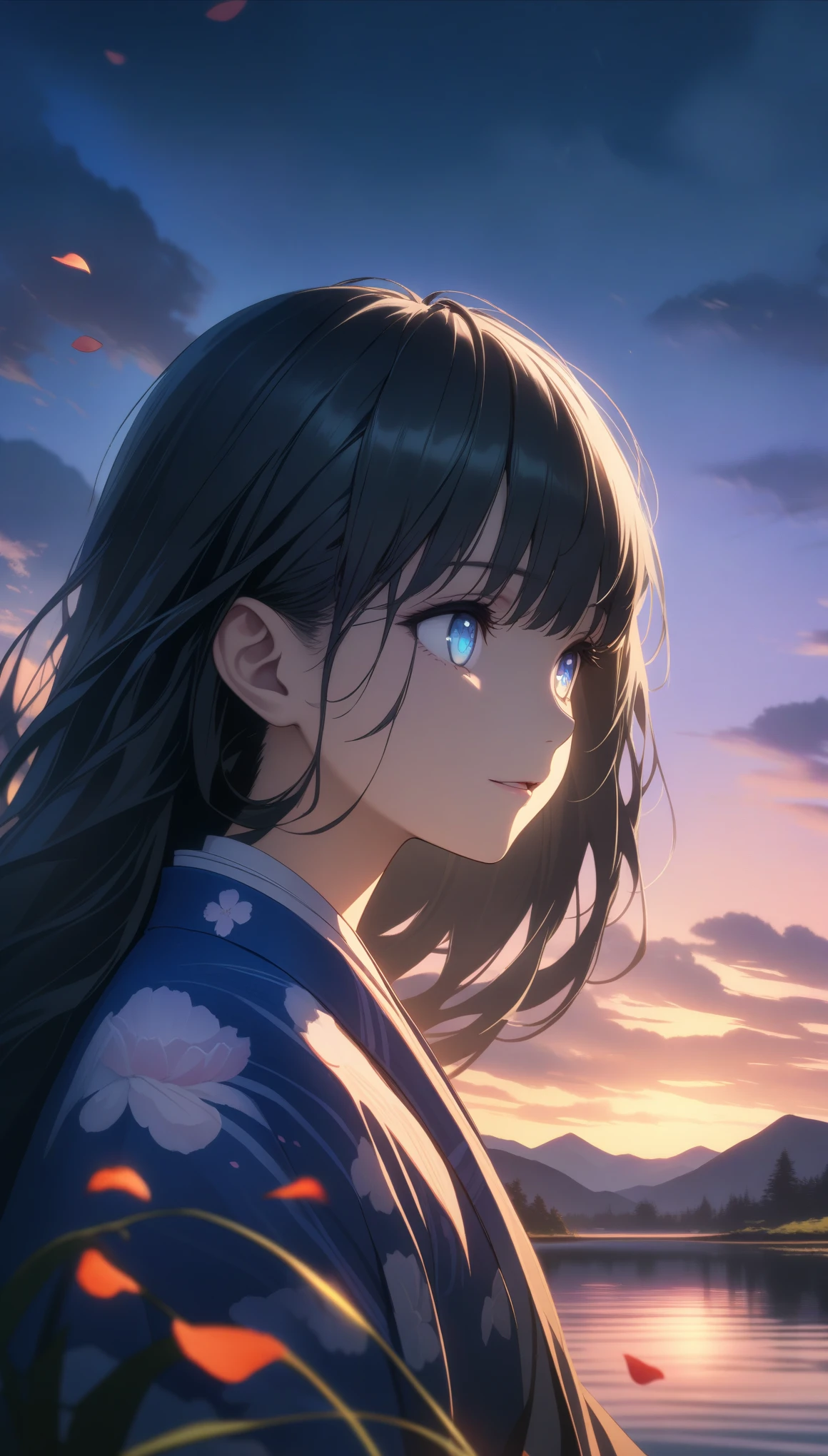 32k, best quality, ultra high res, HDR, UHD, extremely detailed CG, unity 32k wallpaper, highest quality, masterpiece, extremely detaileded, detaileded background, detaileded eyes, anime, One girl, Beautiful Eyes, Young girl, Long Hair Girl, Expressive Face, kimono, Retro, 富士山のWind景, Outdoor, sunset, Beautiful sky, Picnic on the lake, Wind景, scenery, horizon, Mountain Sitting near the mountain, Wind, petal, spring, avert your eyes, Atmospheric lighting, reflection, Naturalistic, detailed, realism. relaxation, beauty, Focus Only, close, From the side, Depth of written boundary, Bokeh,