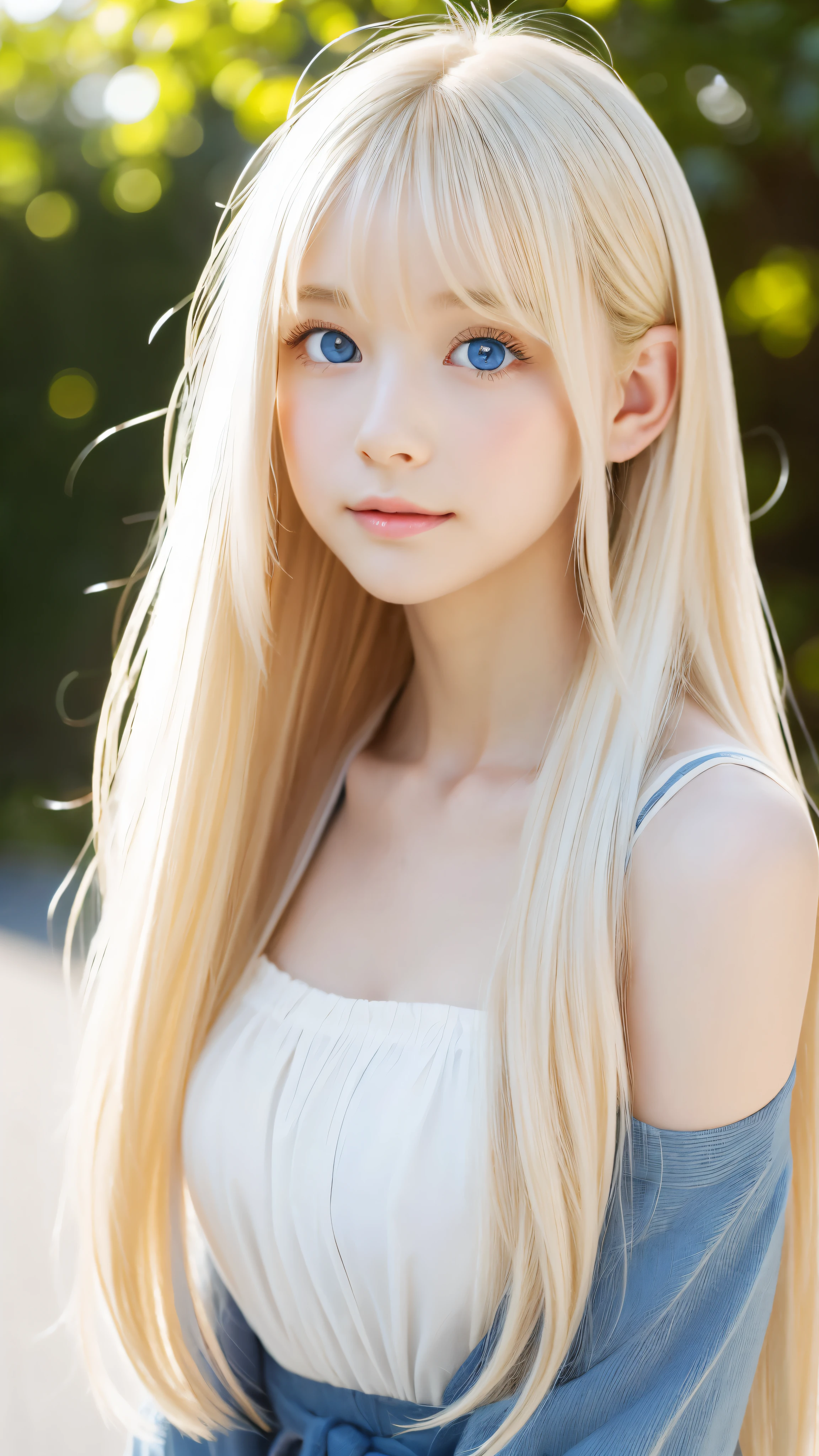 Shining, clear, white skin、Her windblown blonde hair hides her beautiful face、huge、28 years old cute sexy little beautiful face、Beautiful straight hair that stands out、growing up, Sparkling light blue eyes、long silky bangs that cover cute eyes, Sexy and cute young woman with super long hair hiding her sexy face、Super long, natural platinum blonde shiny hair