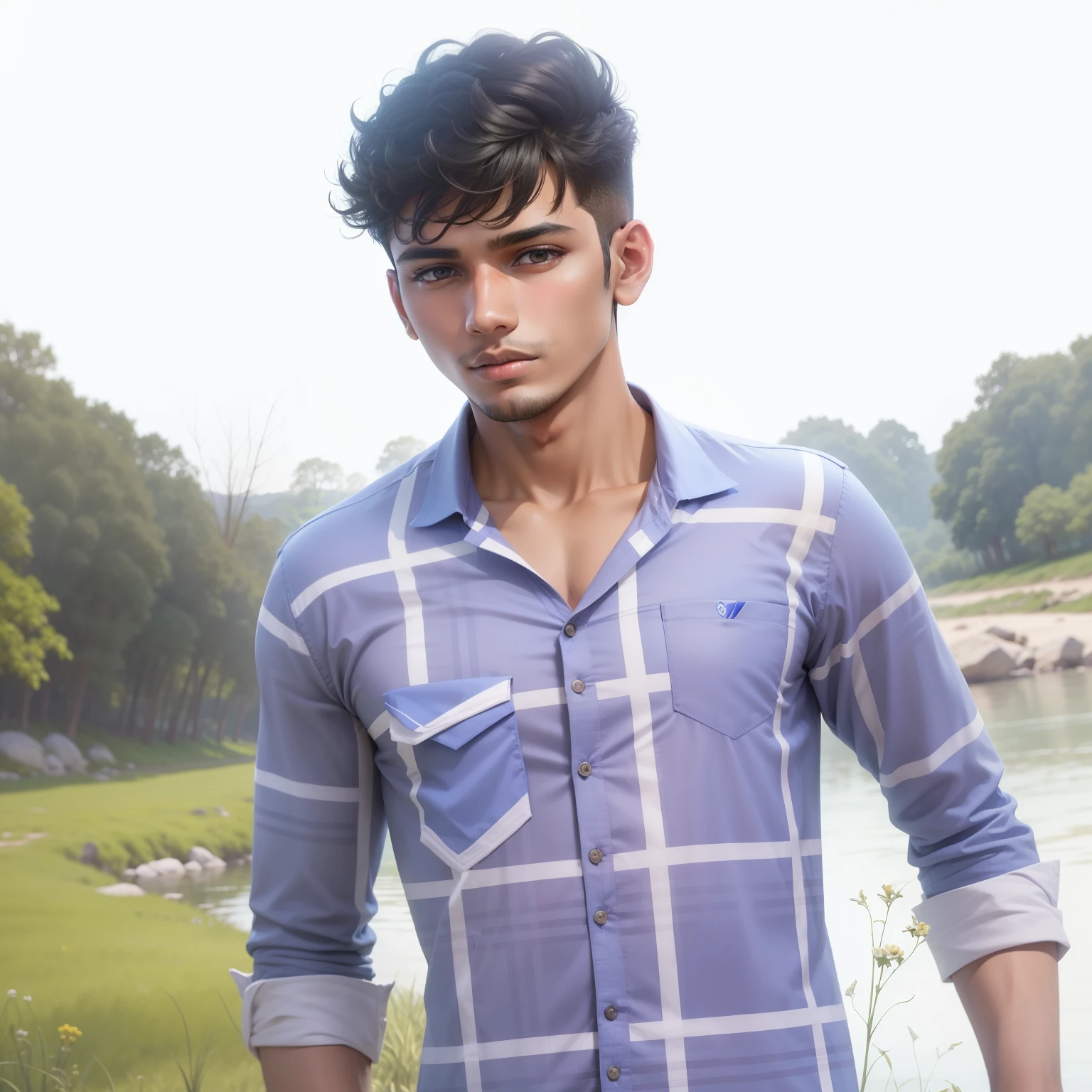 arafed man standing in front of a river with a blue and white shirt, jayison devadas, around 1 , jayison devadas style, candid photo, ayan nag, near a lake, with lovely look, candid picture, vastayan, in lake, near a river, selfie photo, young male, teenage boymagine syberpunk 8k ultra realistic handsome boy with danim shirt