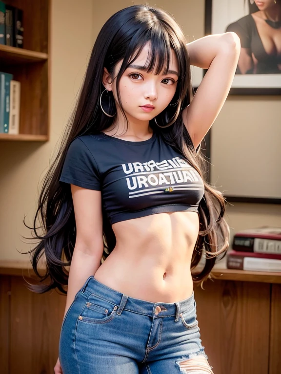 melhor qualidade, alto detalhe, (rosto detalhado), olhos detalhados,((melhor qualidade, obra de arte)), ((1 garota africana de pele escura)), camiseta branca, Manga curta, umbigo, stomach, jeans, corte superior, seios grandes, (arms at side:1.2), virilha, ossos do quadril, rabo de cavalo, franja romba, cabelo preto, abaixo do peito, sempre em frente, standing, ao ar livre, olhando para o espectador,