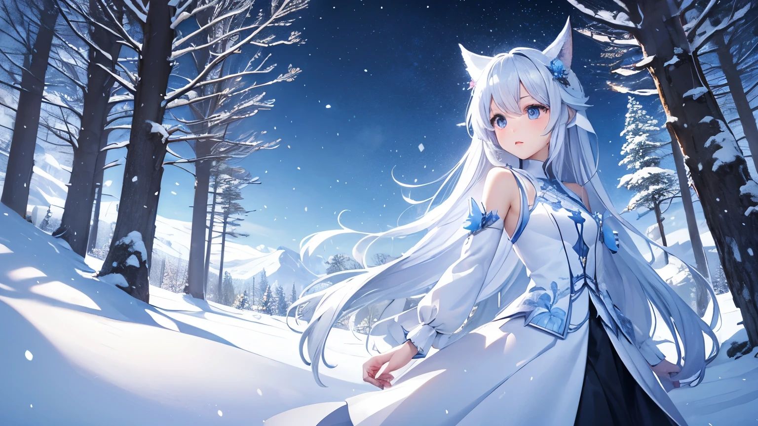 landscape, forest, snow mountain,snow fairy girl, cute, beautiful, fantasy, white background, with a snowy mountain, anime, bloom, cold lighting, pale colors, best quality, ultra detailed,snow fairy girl