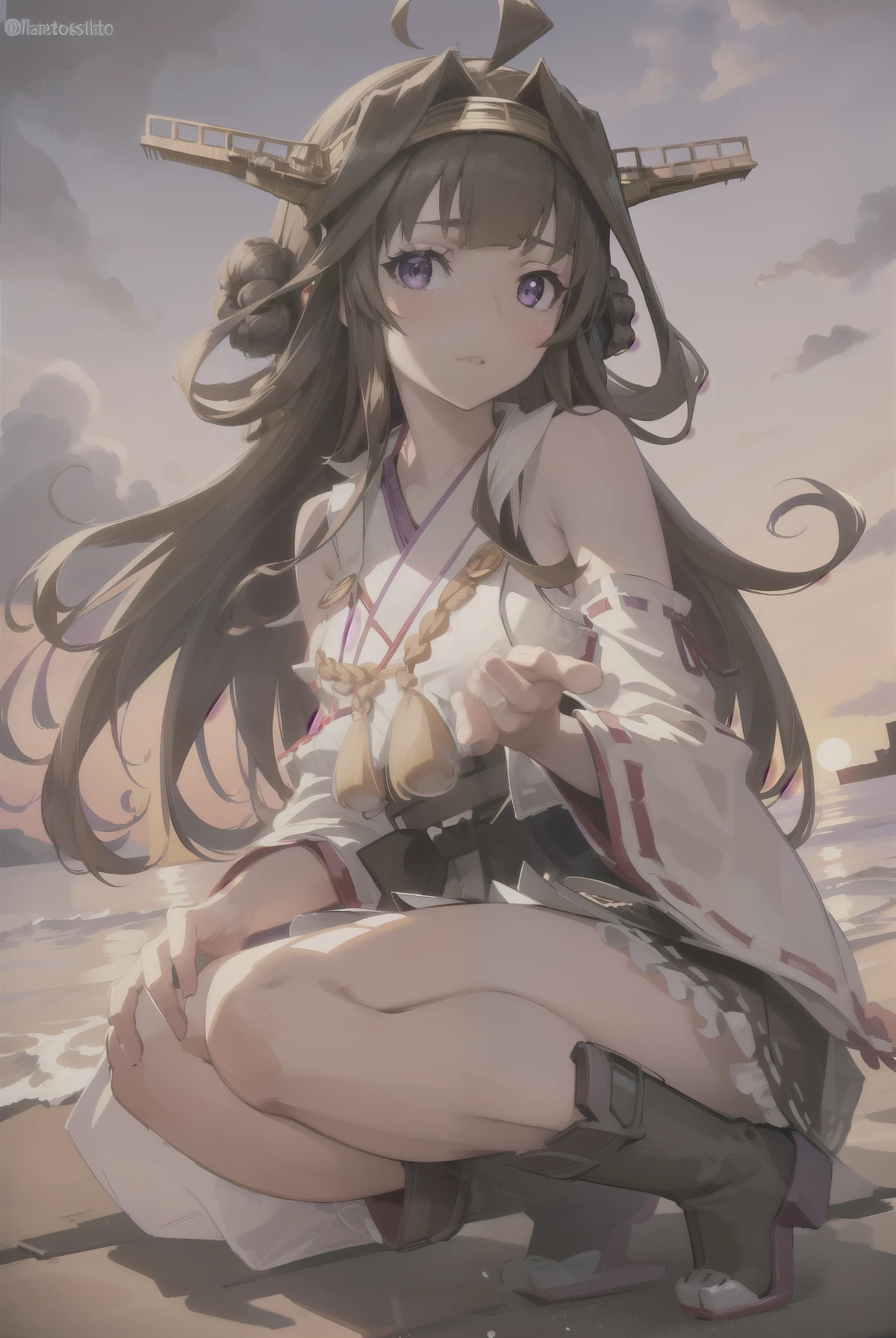 KanColle Kongou, kongou, Ahoge, brown hair, Double good, Hair Bun, hair band, headgear, Long Hair, (Purple eyes:1.1), 
break boots, Removable sleeves, kimono, Non-traditional Shrine Maiden, Ribbon trim, Sleeves edged with ribbon, Thigh-high boots, Wide sleeves,
break looking at viewer, 
break outdoors, Beach,
break (masterpiece:1.2), highest quality, High resolution, unity 8k wallpaper, (figure:0.8), (Beautiful fine details:1.6), Highly detailed face, Perfect lighting, Highly detailed CG, (Perfect hands, Perfect Anatomy),