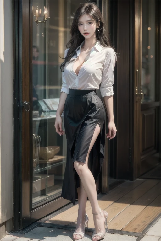 masterpiece(:1.3), Highest quality,超High resolution,High resolution, Highest quality,8k,16K,極めてdetailed,detailed,Full body photo,Japanese,Beauty,Model body type,Golden Ratio Style,Narrow waist,Long, slender legs,Brown wavy hair,career woman,business suit,Put on a black jacket,White shirt open to the chest(Ultra-thin fabric),Red Bra,Brown pantyhose,Black tight skirt(Long side slits),pumps,Handbags,necklace,Earrings,ring,,Hair blowing in the wind,(A snapshot on a tree-lined street in an office district),