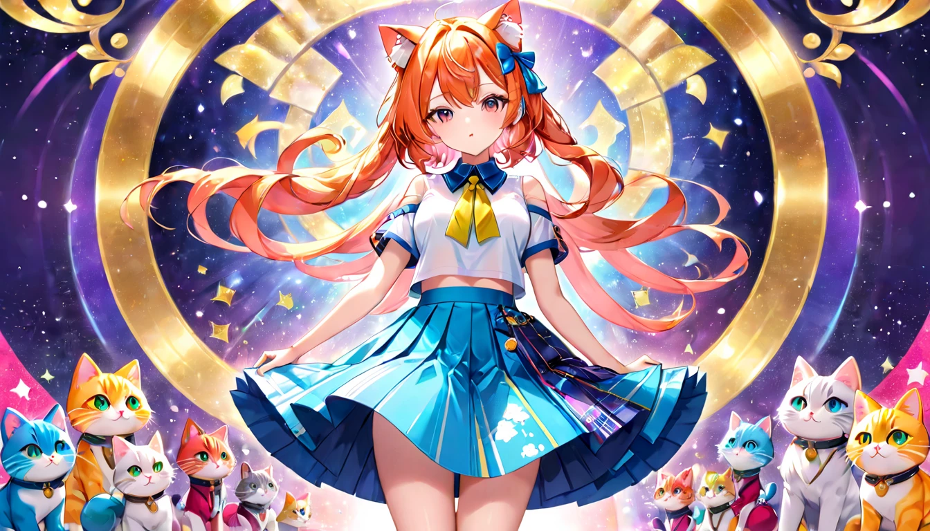 Create an image featuring an idol with a vibrant and eye-catching skirt, styled in a way that highlights the design and colors of the skirt. The idol should be portrayed in a fashionable and elegant manner, showcasing the skirt as a central piece of the outfit. The background should complement the overall aesthetic and draw attention to the skirt in a tasteful and artistic way.cat ear