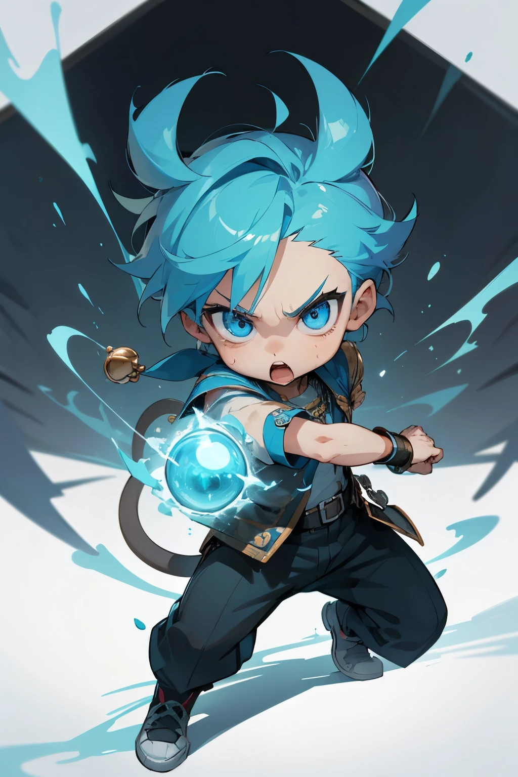 boy, full body, cartoon style, chibi style, cute, monkey tail, beautiful face, furious face, blue color eye, beautiful eye, high detailed pupil, double eyeylid, high detailed skin, high quality skin, blue color hair, very short hair, white clothes, masterpiece,